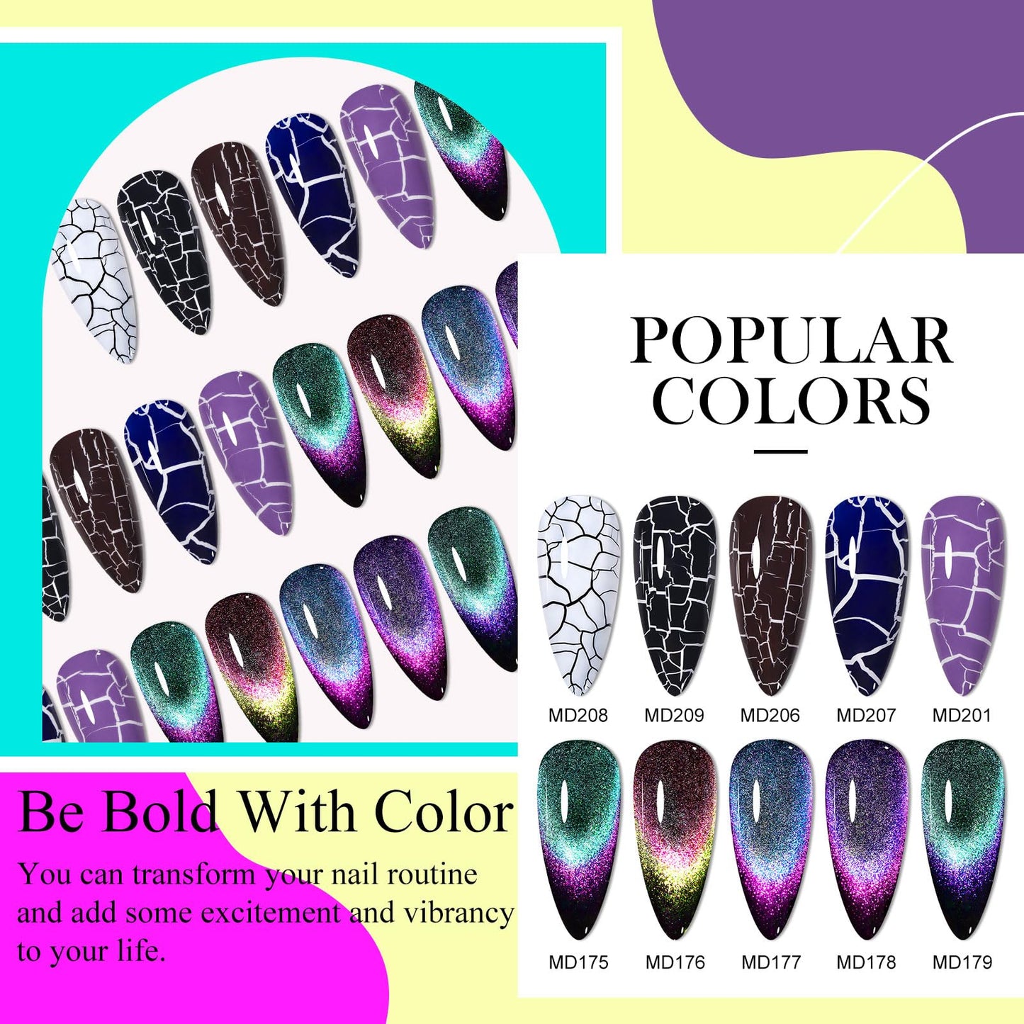 MSRUIOO 12PCS Crackle Gel Nail Polish + 9D Cat Eye Gel Polish Set Magic Black Crackle Nail Polish Magnetic Cat Eye Effect Manicure DIY Nail Art 10 Colors