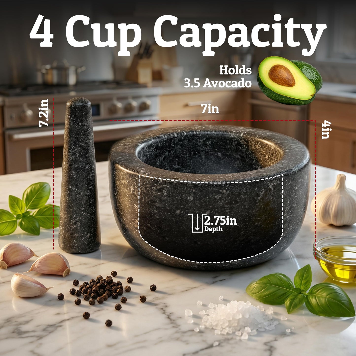 Priority Chef Heavy Duty Large Mortar and Pestle Set, 100% Granite, Non Slip Base, Make Fresh Guacamole, Salsa, Pesto, Stone Grinder Bowl, Herb Crusher, Spice Grinder, 4 Cup - Black