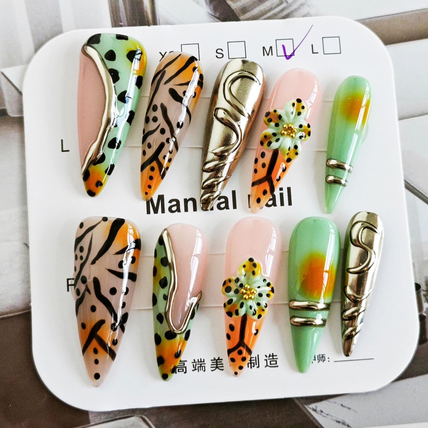 10 Pcs Handmade Acrylic Press on Nails Long Stiletto Fake Nails with Design 3D Flower Leopard Print French Tip False Nails Artificial Full Cover Glue on Nails for Women - Size M