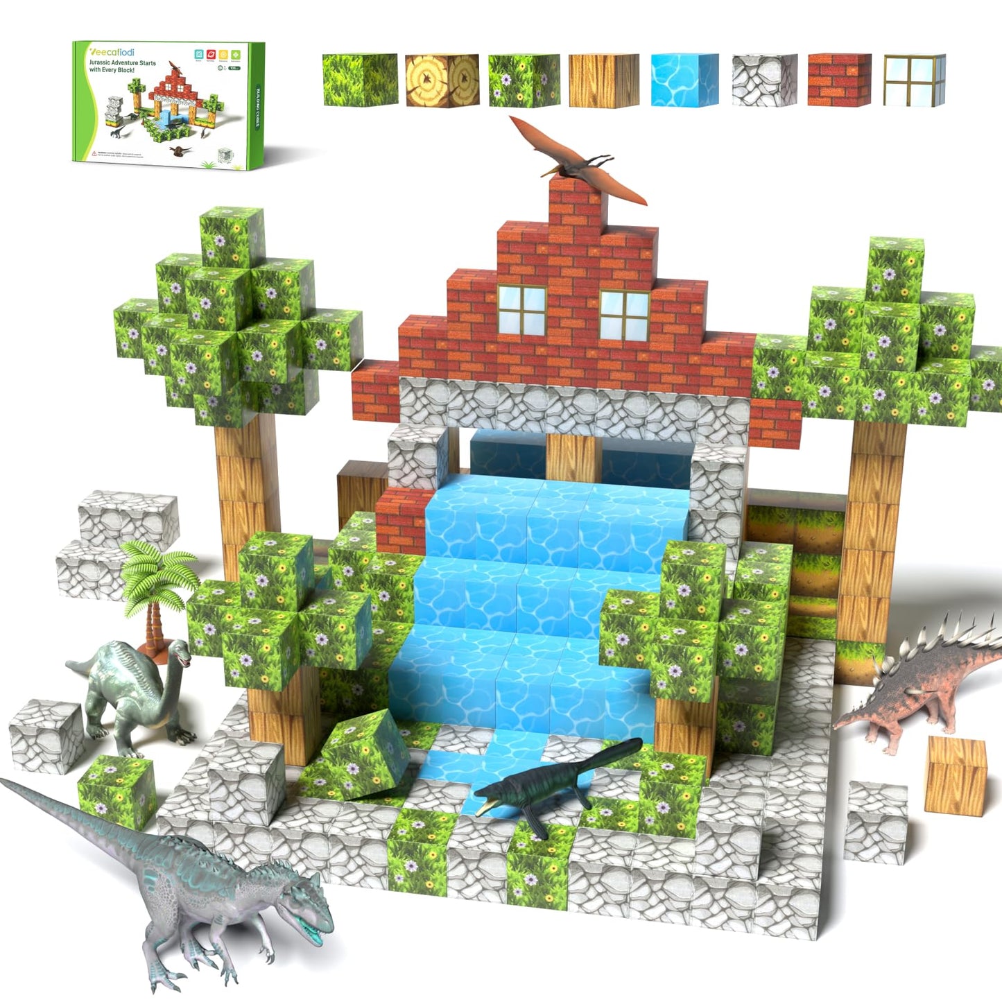 Veecafiodi Magnetic Blocks 108PCS, Dinosaur Magnetic Building Blocks with 6 Dinosaur Figures, Magnetic Blocks for Kids Ages 3-5, 4-8, STEM Construction Toy