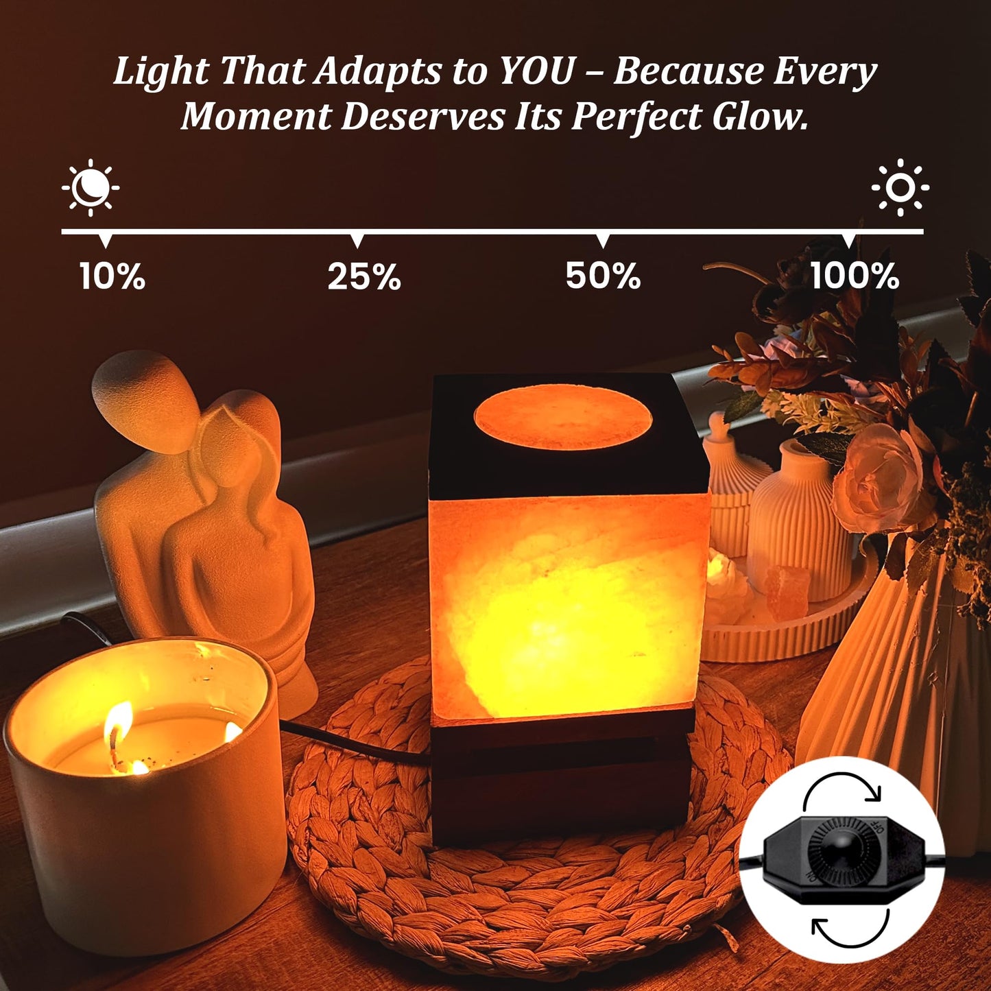 POHS 100% Authentic Cube Shape Himalayan Pink Salt Lamp with Brown Wooden Base, Dimmer Switch Cord and Two Bulbs, Night Light for Home and Office Table and Desk, Gift and Decor