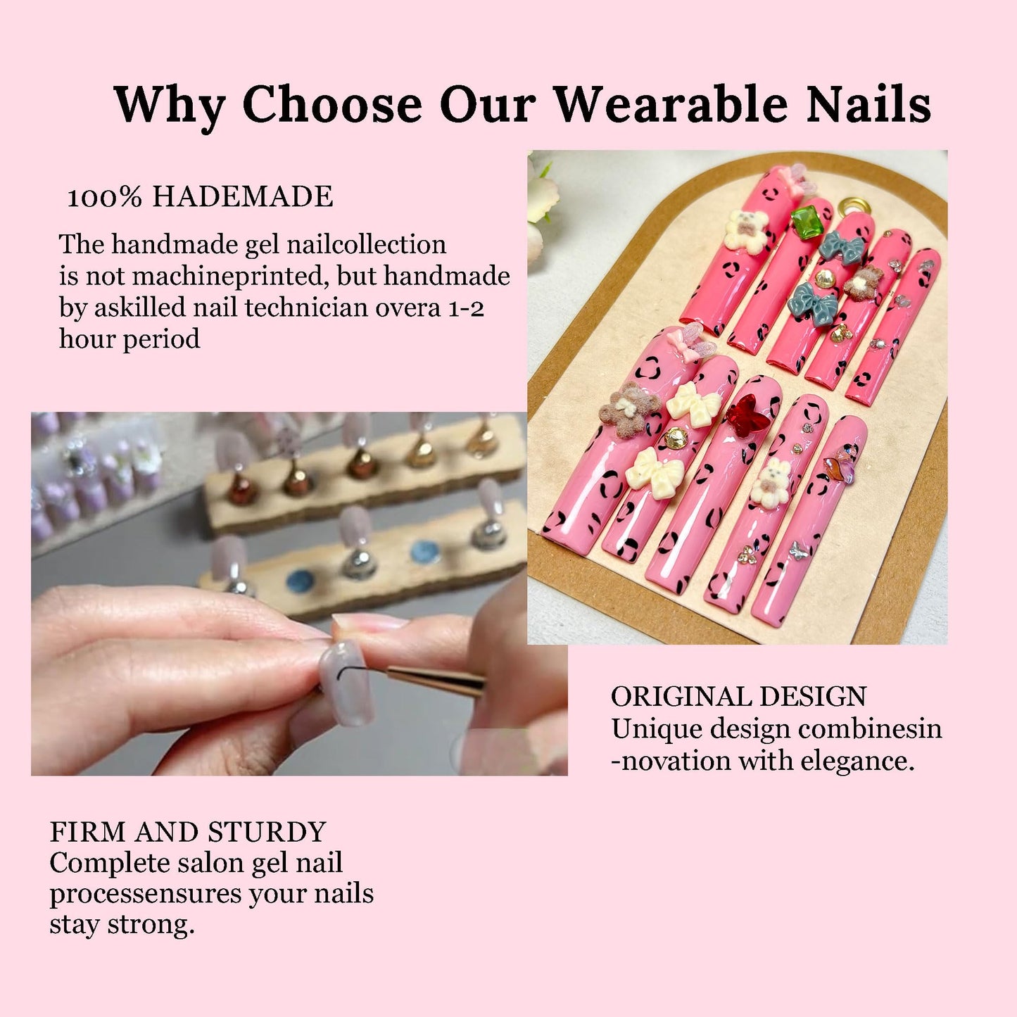 Long Square Pink Press on Nails -Cute Decorative Fake Nails with Bowknot for Women