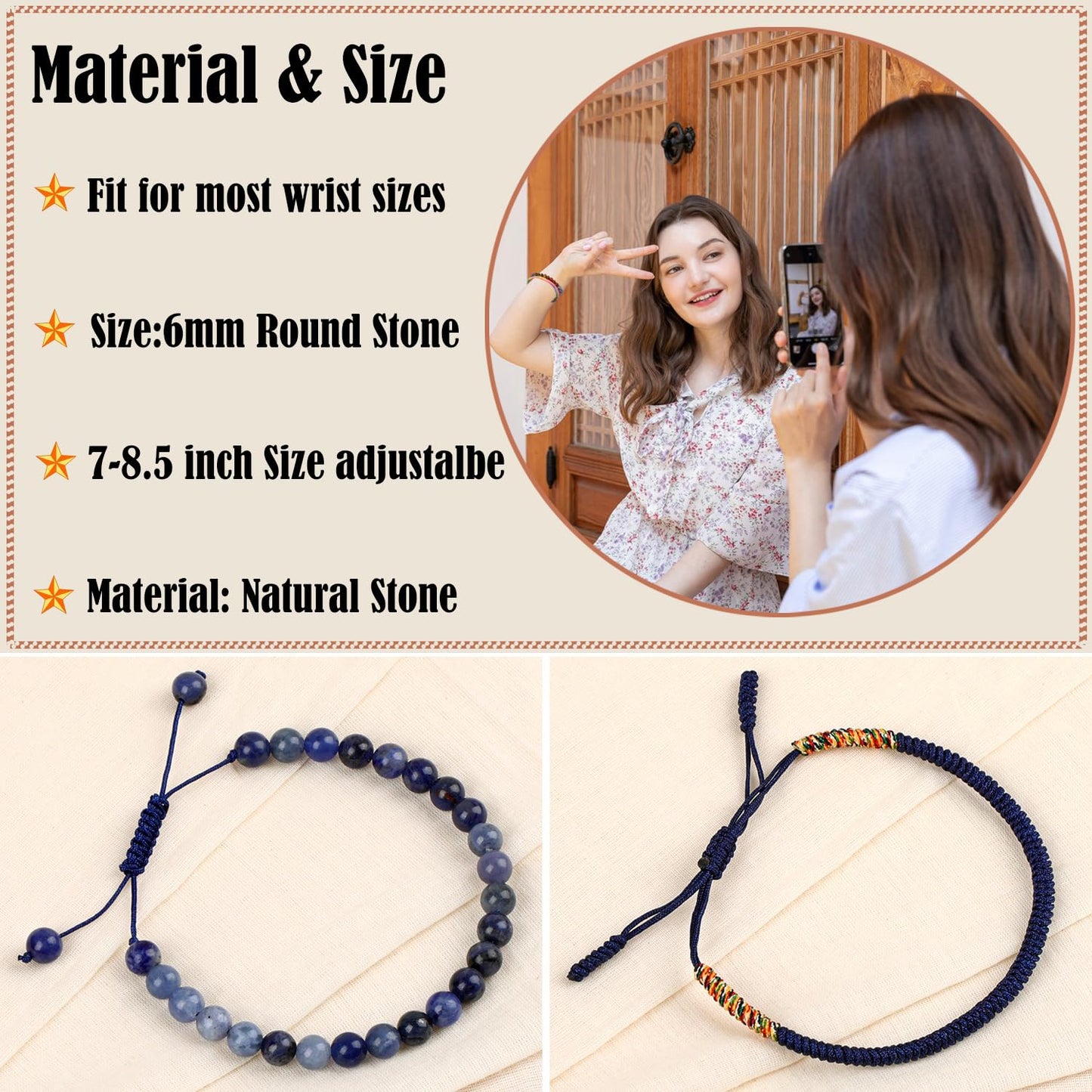LPBeads 6mm Blue Sodalite Bracelet with Handmade Rope Bracelet Size Adjustable Natural Stone Crystal Healing Bracelets Gifts for Unisex Adults