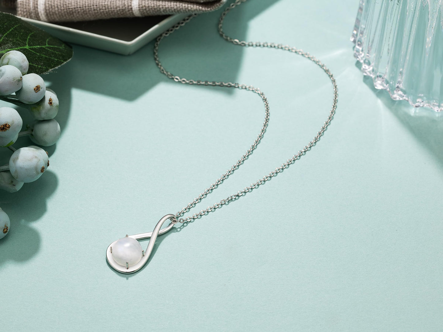 MILEPOSTJEW Sterling Silver Moonstone Necklace, Infinity Pendant with Chain, New Beginnings Gift with White Sage