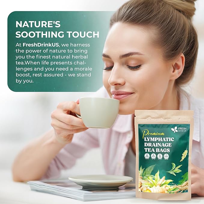 FreshDrinkUS, Lymphatic Drainage Tea | 30 Tea Bags | Herbal Tea Bags with Ginger, Dandelion Root, Burdock Root, Mullein, Calendula, Lemongrass, Rose, Licorice & Tulsi – Caffeine-Free Herbal Blend