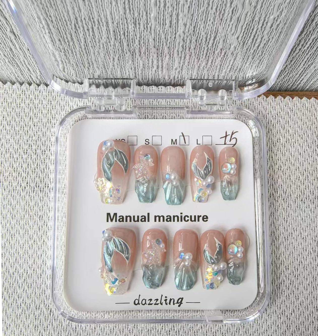 Handmade Press on Nails Coffin Medium False Nails Cat's Eye Blue French Tip with 3D Beach Wind Designs Rhinestones Charm Cute luxury Acrylic Nails for Women (Size M）10pcs