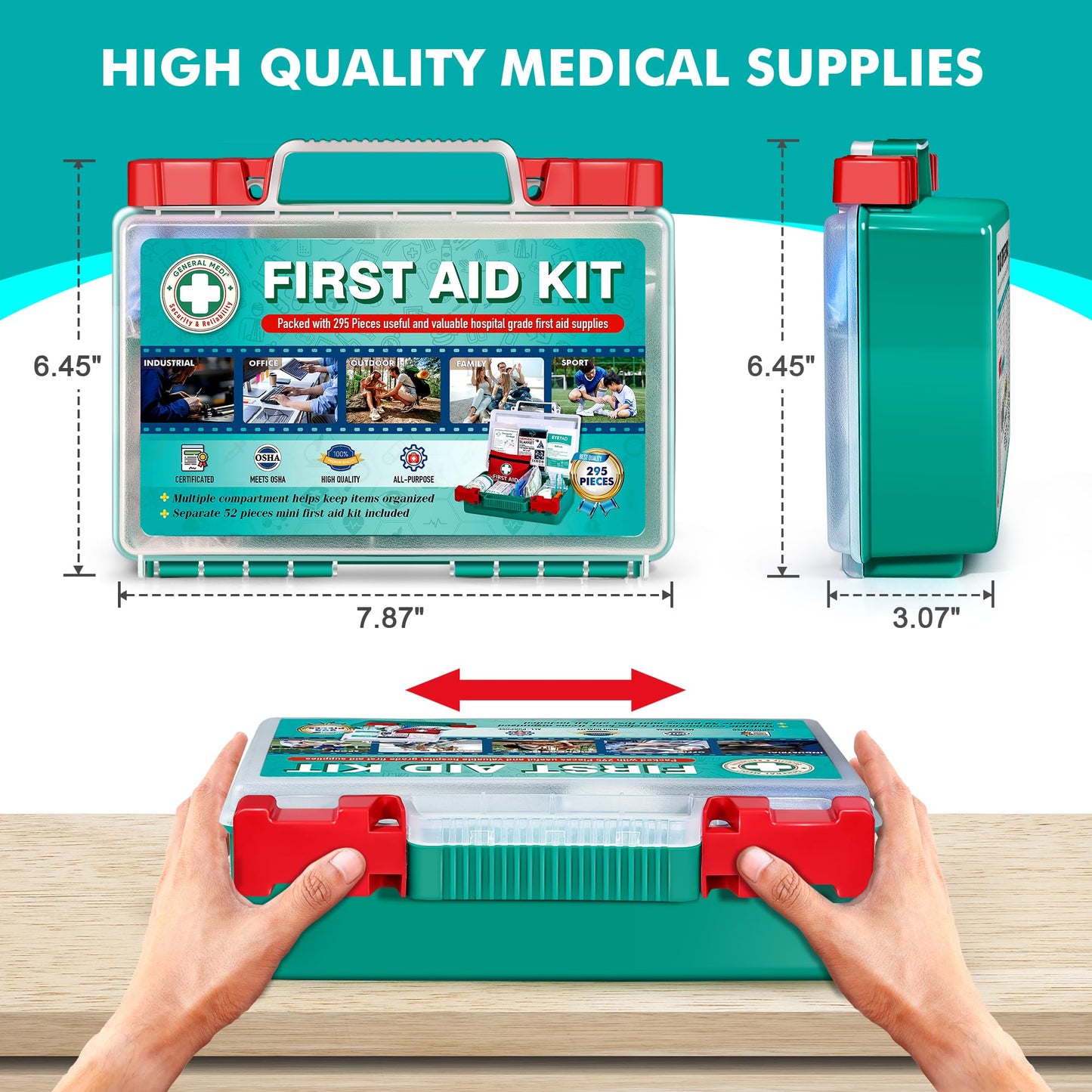 General Medi 295 Pieces Professional First Aid Kit - HardCase First Aid Box - Contains Premium Medical Supplies for Travel, Home, Office, Vehicle, Camping, Workplace & Outdoor