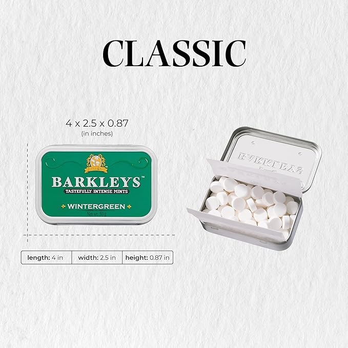 Barkleys Wintergreen Breath Mints - Strong Wintergreen Flavor - For Party, After Dinner, Wedding, Every Day Use - Vegan Breath Mints In Reusable Classic Travel Tins, 6 Pack - 50 Count Each