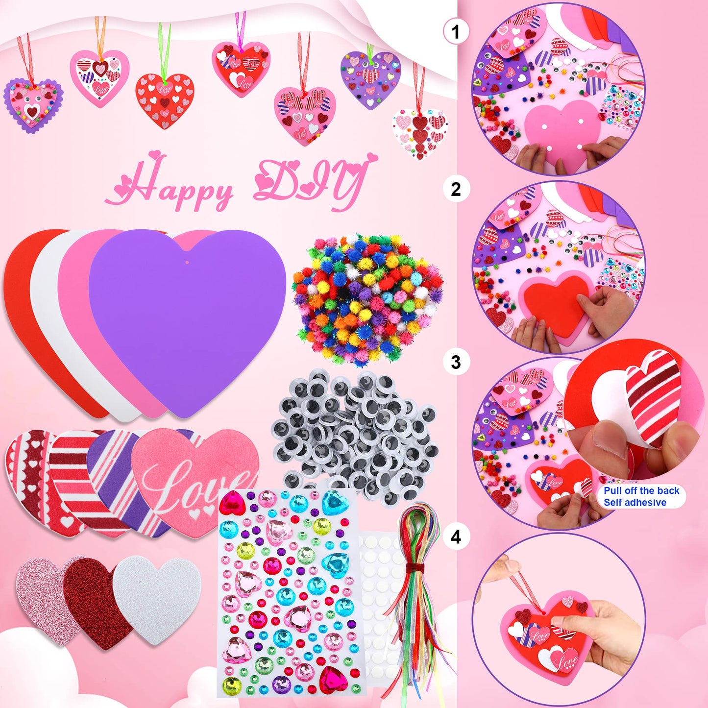 JULBEAR 700 Pcs Valentine's Day Foam Heart Ornaments Craft DIY Kit with Foam Hearts Self-Adhesive Stickers Glitter Pom-poms Wiggle Googly Eyes Satin Cords for Kids Valentine Decoration Craft Supplies