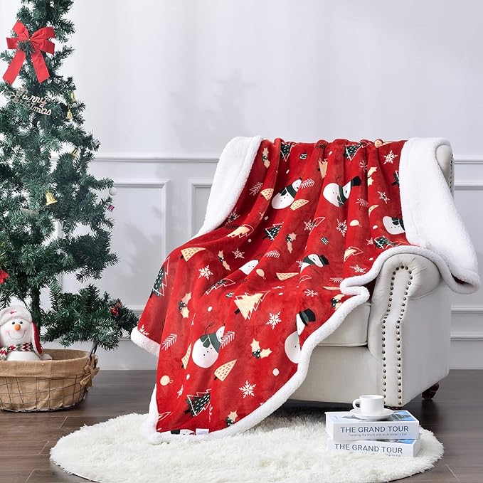 SOCHOW Christmas Holiday Sherpa Fleece Throw Blanket, Fuzzy Warm Super Soft Reversible Plush Blanket for Bed, Sofa and Couch, Snowman and Snowflake Pattern, 60 x 80 inches, Red