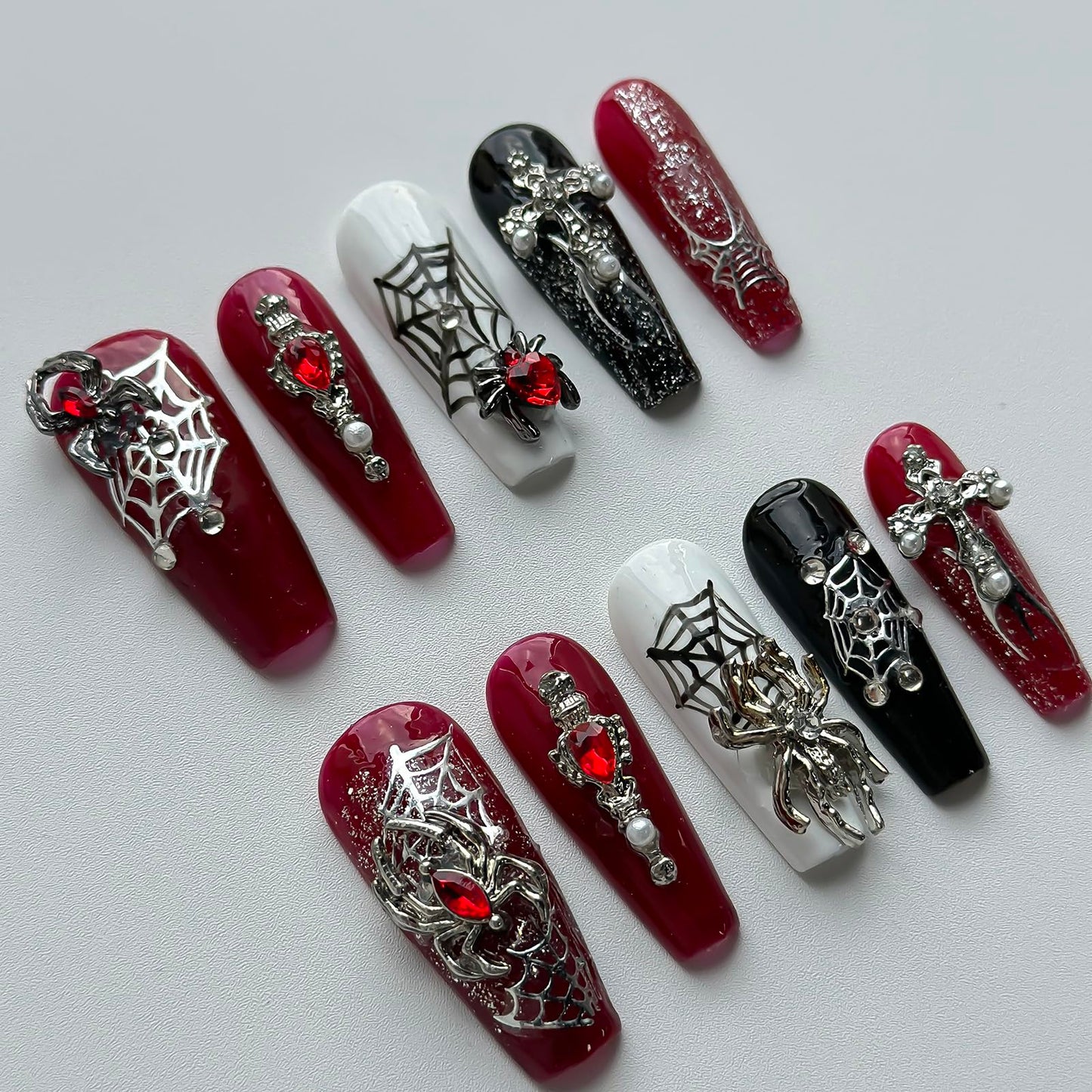 Luxury Halloween Press on Nails Medium Coffin Handmade 3D Unique Reusable ABS Material Fake Nails Gothic False Nails with Designs Spider Charms Spider Web Glossy Glue on Nail Thick Acrylic Nail(M)