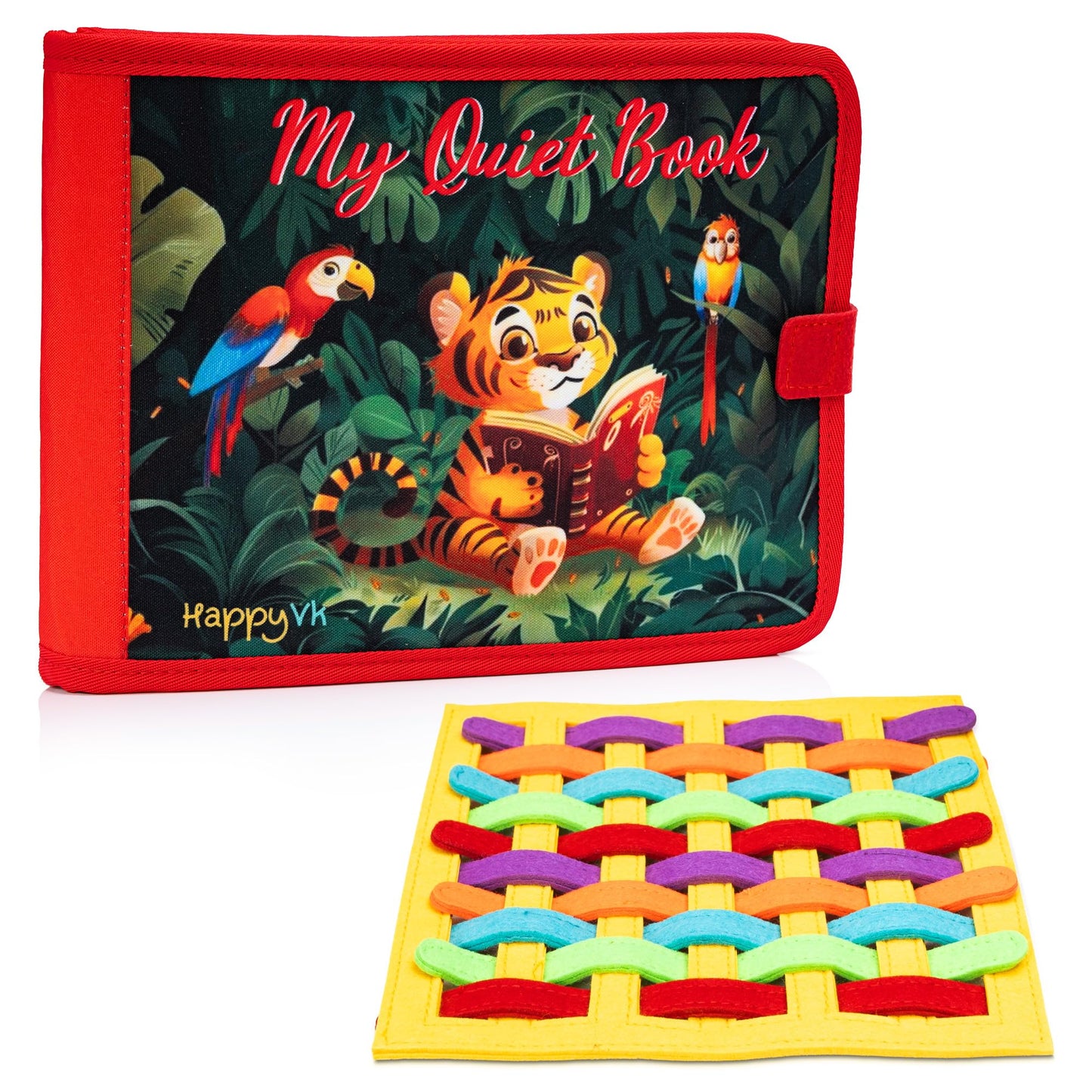 HappyVk Busy Book for Toddlers - Montessori Travel Toys with 13 Educational Activities - My Quiet Book - and A Felt Activity Board Game with 10 Weaving Strips
