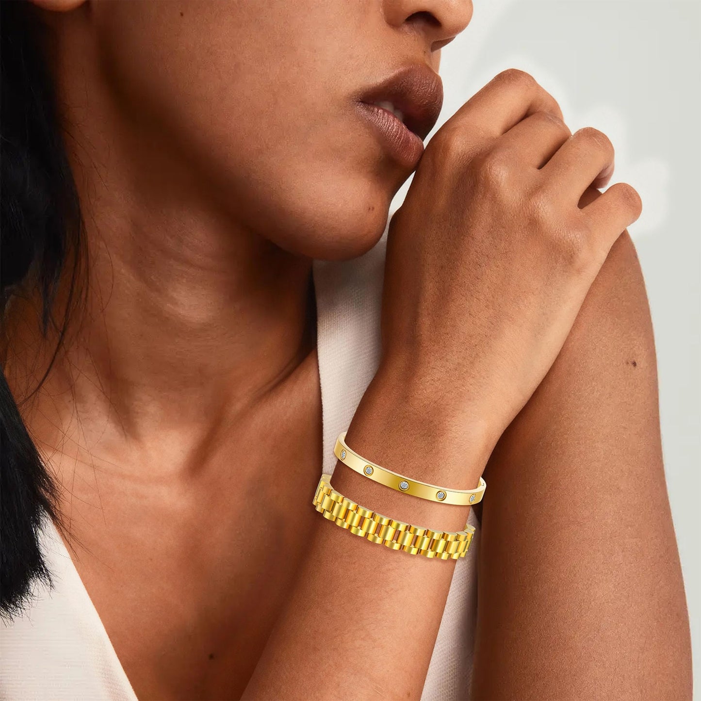 2PCS Gold Chain Link Watch Bracelet Set,18K Gold Plated Stackable Bracelets for Women,Stainless Steel Jewelry with Adjustable Tool, Non-Tarnish Friendship Love Bracelet Gift for Her. (2pcs-A Gold)