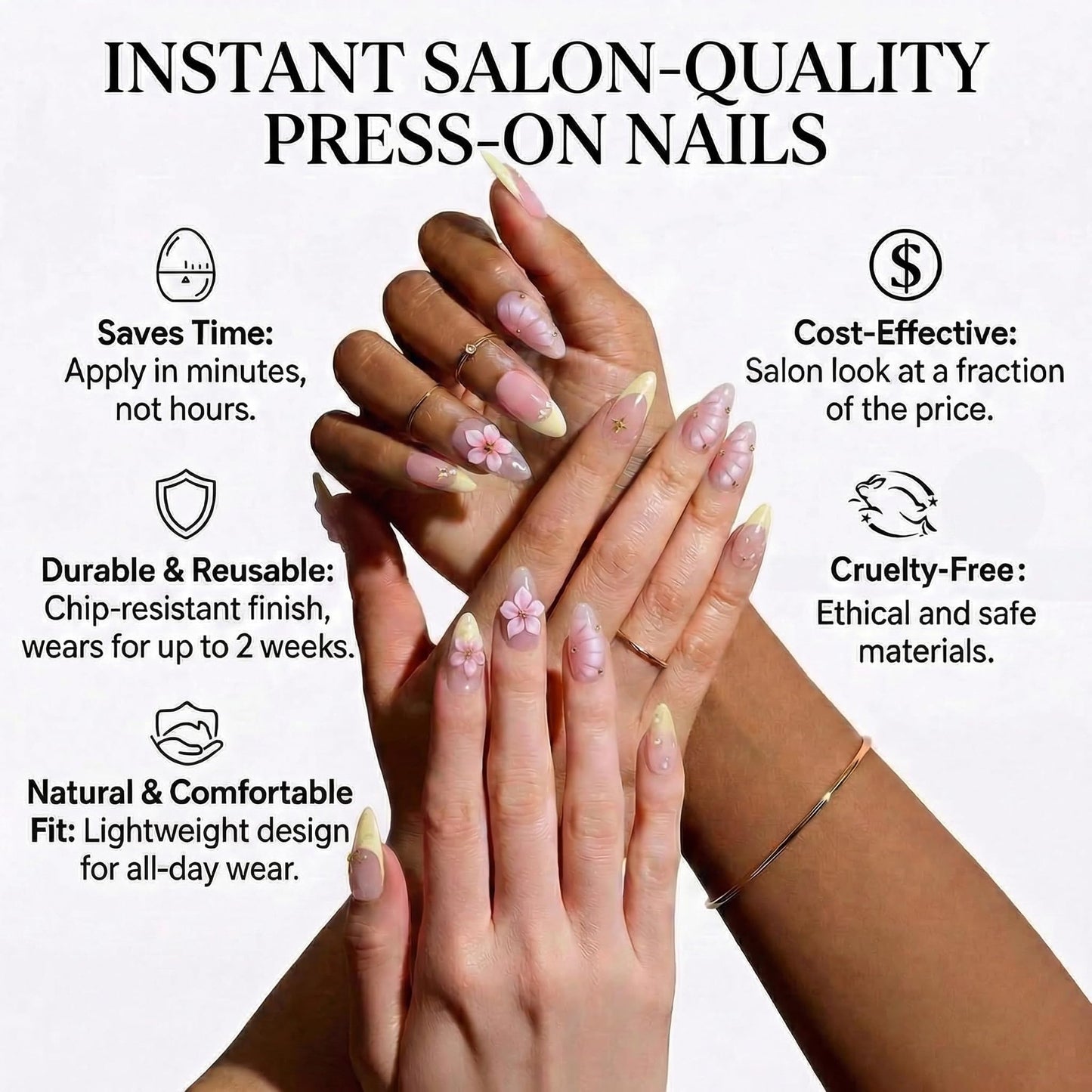 IMRAIN Almond Press on Nails, Long Fake Nails, 3D Water Drop Pink Floral Pearl Design, 24 Pcs Reusable Glue on Nails for Women, Salon Quality
