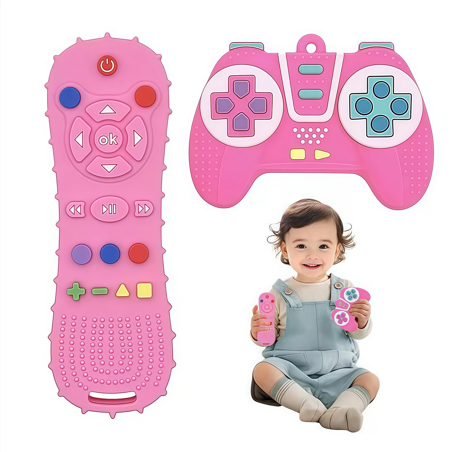 AALFA Baby Teething Toy, Soft TV Remote+Game Machine Shape Chew Set Intellectual Development Intellectual Development Educational Toy,Safe Silicone Toddler Infant (Pink (Handle+Remote Control))