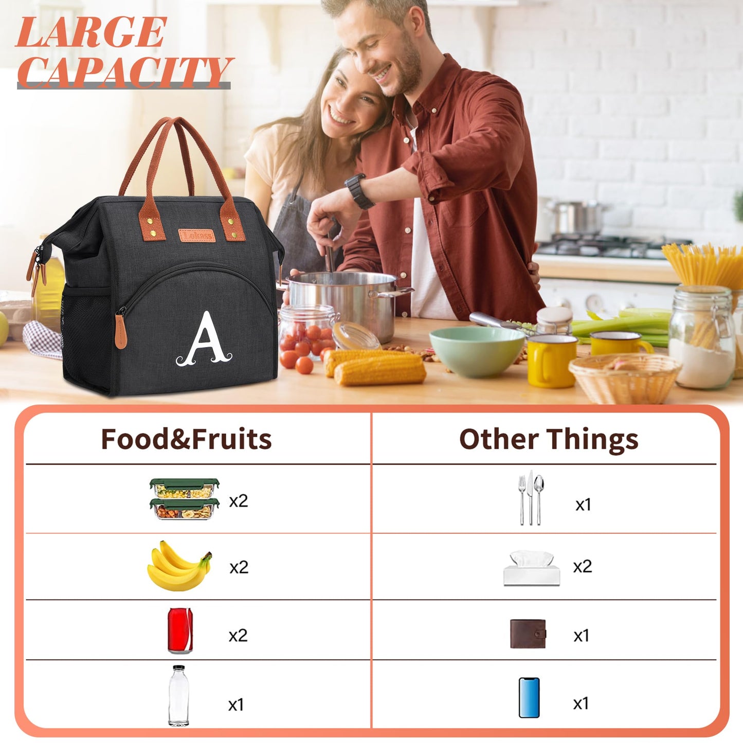 Personalized Lunch Box for Women, Initial Reusable Insulated Lunch Bag, Wide-Open Adult Lunchbox Cooler Lunchbag, Leakproof Lunch Tote for Picnic Work Outdoors, Christmas Gift for Women, Black - E