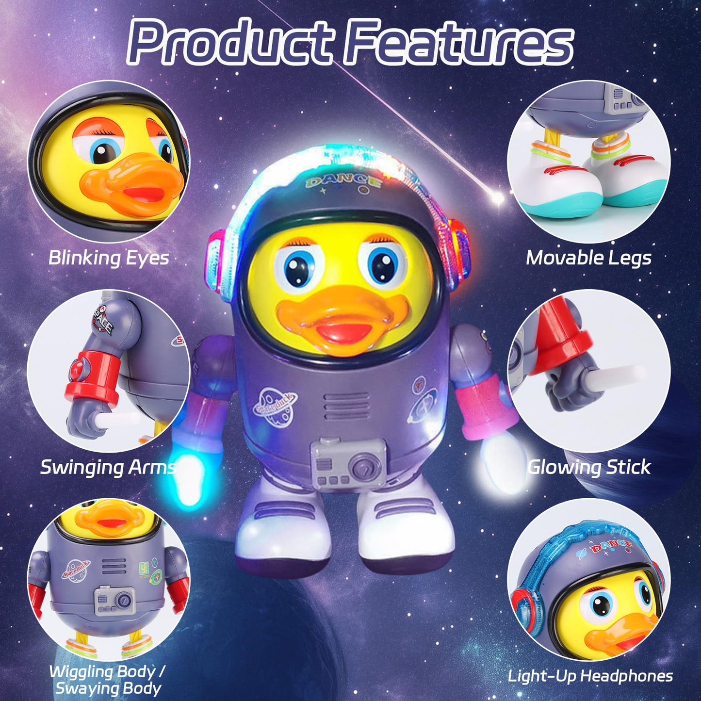 Musical Dancing Space Duck Toy, Walking Duck Robot with Lights & Sounds, Crawling Interaction & Tummy Time Toy for Babies Toddlers Birthday Gift (Blue)