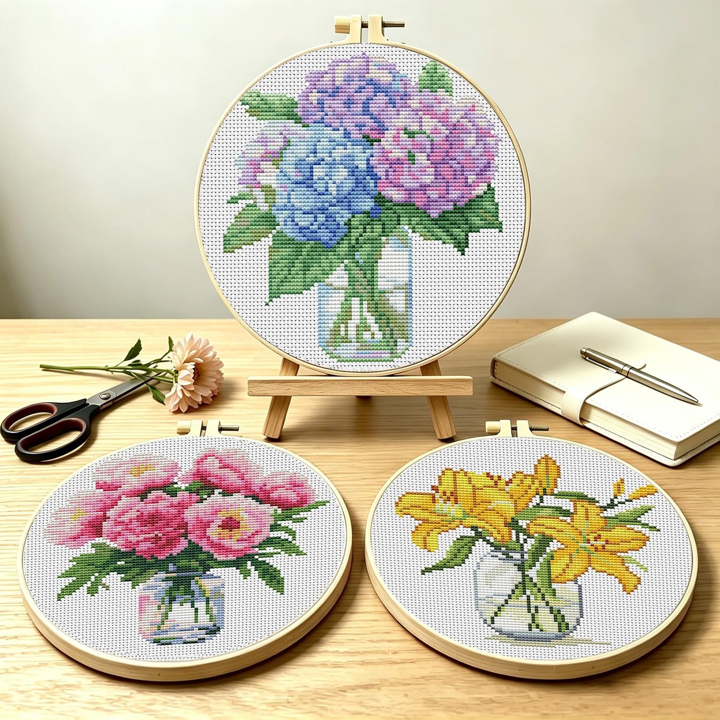 3 Pack Cross Stitch Kits for Beginners, Flower Stamped Cross Stitch Kits for Adults with Embroidery Hoop, Embroidery Kit 11CT Easy Partial Cross-Stitch Arts and DIY Crafts for Adults Home Decor
