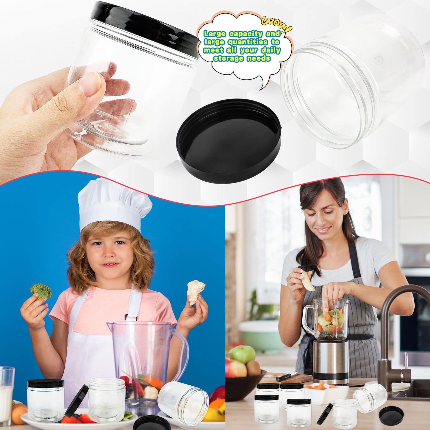 Conagel 30 Pack 12oz Clear Plastic Jars with Black Lids Plastic Empty Storage Containers Refillable Round Clear Cosmetics Containers for Candy Kitchen Food Storage DIY Crafts Making
