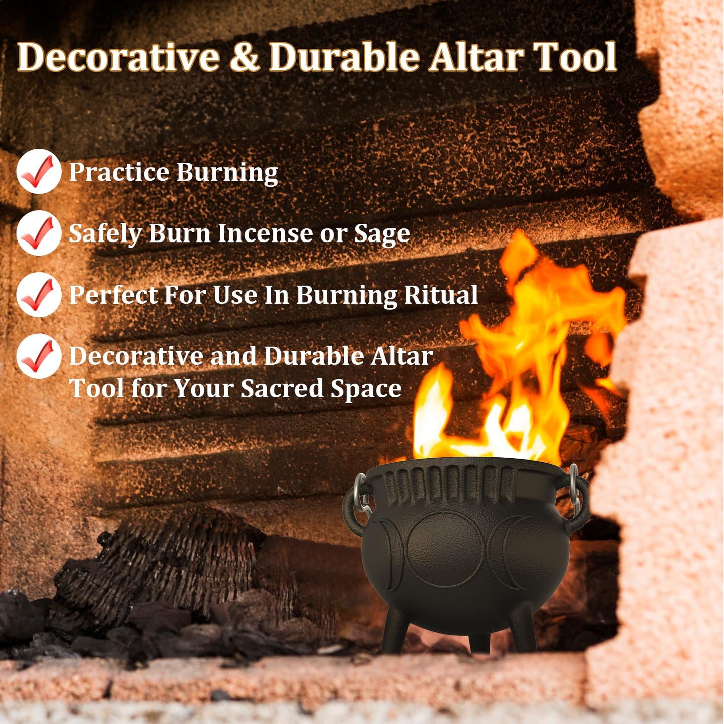 Cast Iron Cauldron with Lid & Handle, Small Triple Moon Cast Iron Cauldron Pot, Incense Burner Witchcraft Ideal for Cooking, Smudging, Ritual Purpose, Sage, Halloween Decoration