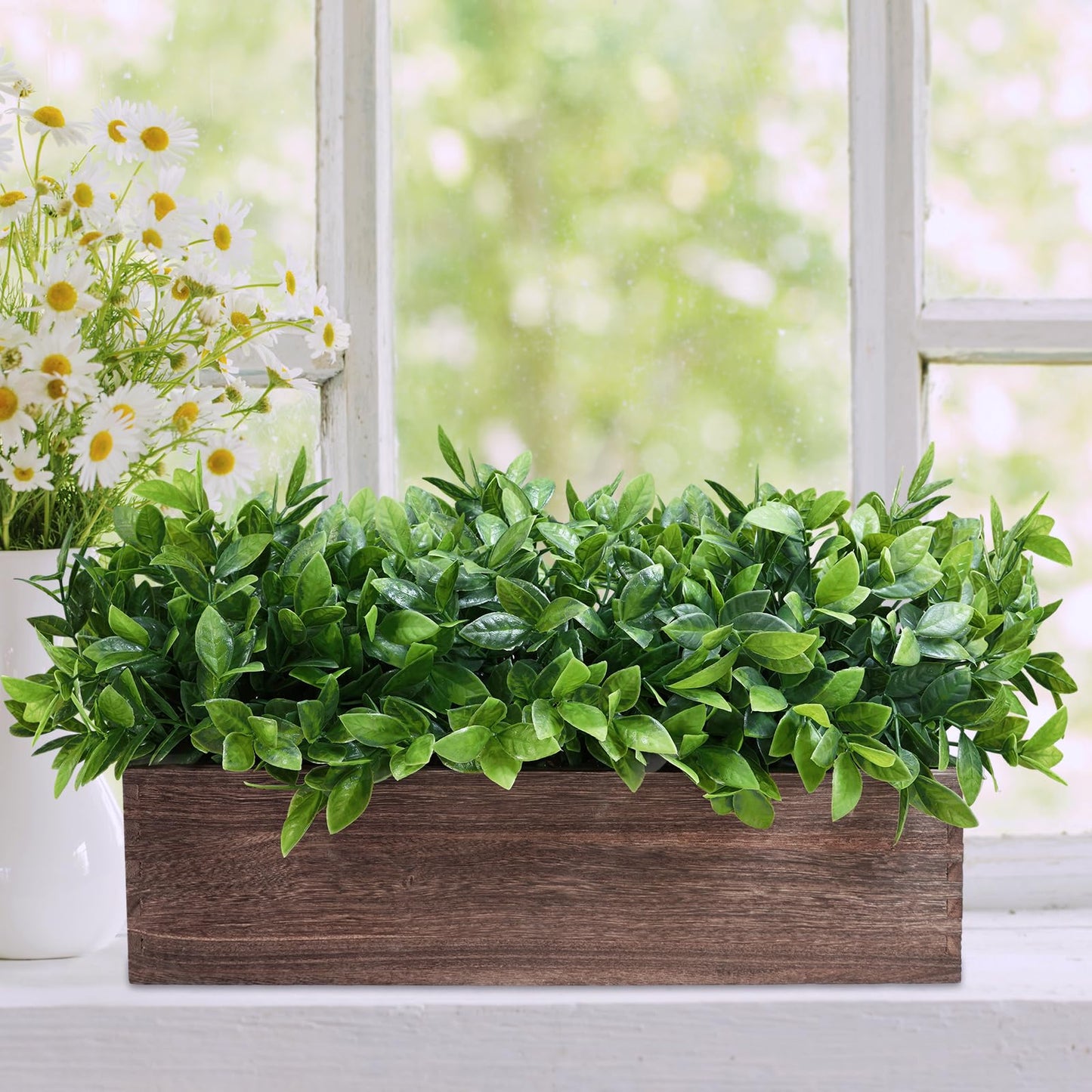 Winlyn 14" Artificial Boxwood Plants in Rectangular Wood Planter Farmhouse Greenery Arrangement Centerpiece Faux Potted Herb Plant for Wedding Dining Room Table Kitchen Windowsill Mantel Shelf Décor