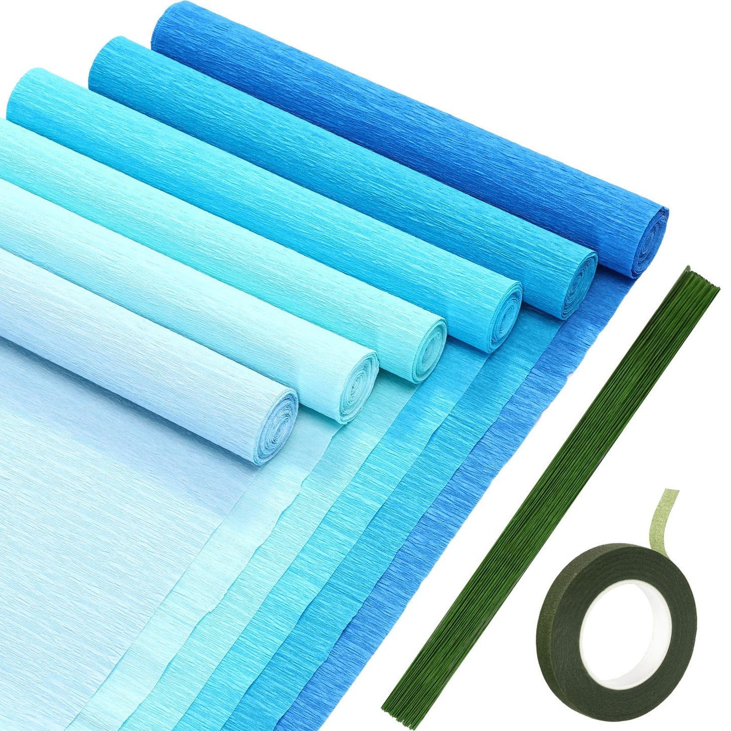 Gersoniel 57 Pcs Crepe Paper Flower DIY Kits 6 Rolls 35g Papel Crepe Sheets 50 Pcs Floral Iron Wire 10 Inch x 8 Feet 1 Roll 50 Meter for Birthday Party Wedding(Gradient Blue Series)