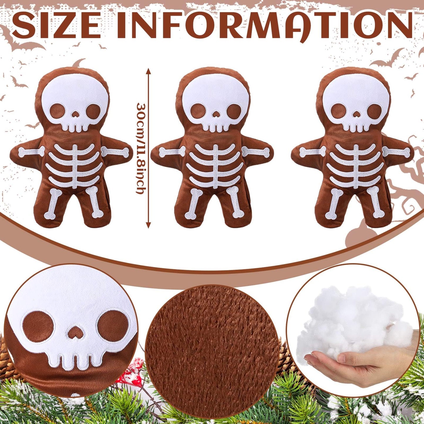 3 Pcs Skeleton Gingerbread Man Gothic Horror Throw Pillows - Creepy Stuffed Plush Spooky Sofa Cushion Decor for Christmas & Halloween