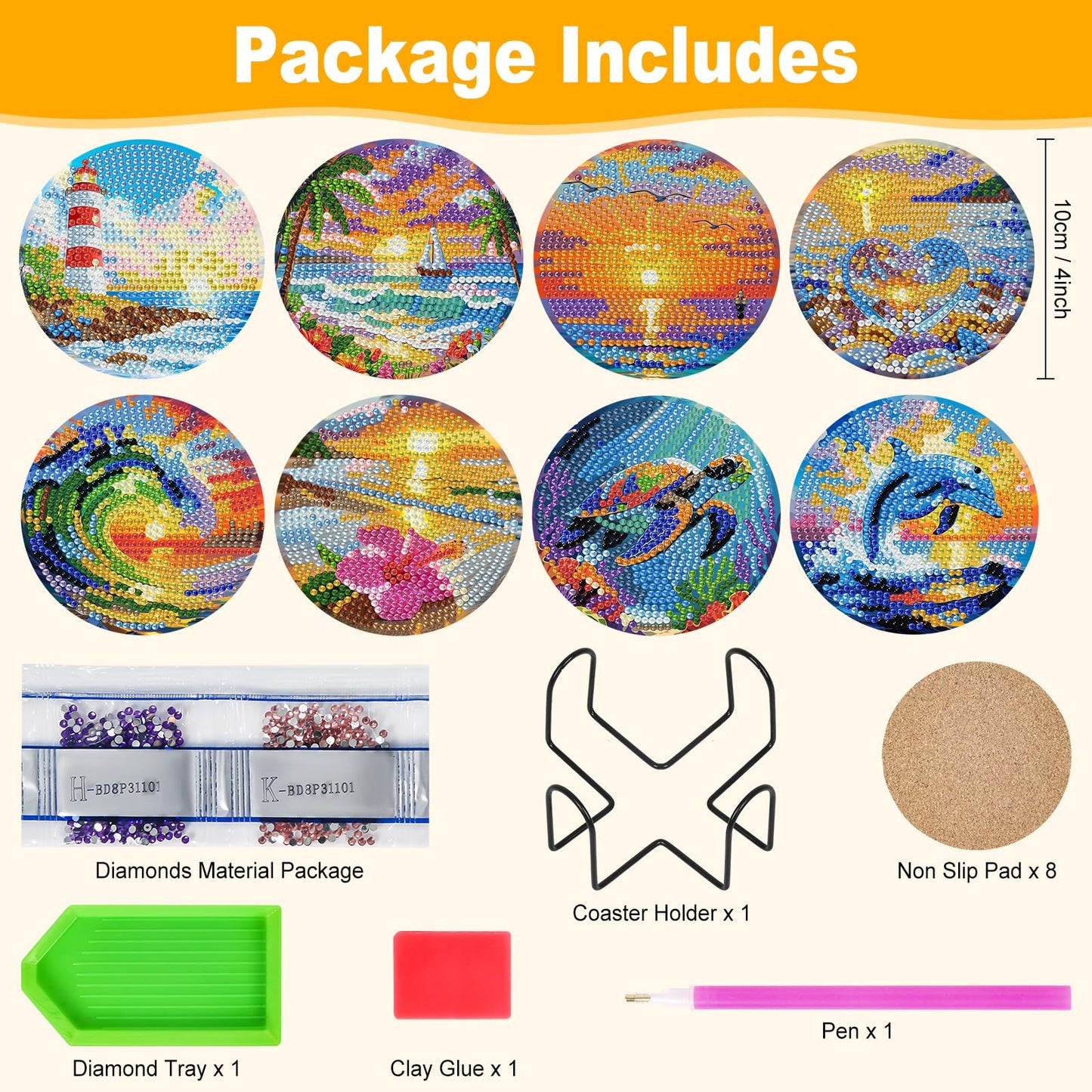 8 Pcs Beach Diamond Art Coasters Kit with Holder for Adults, DIY Diamond Painting Coasters with Cork Backing, Non-Slip Ocean Gem Art Coaster for Home Decor & Gifts