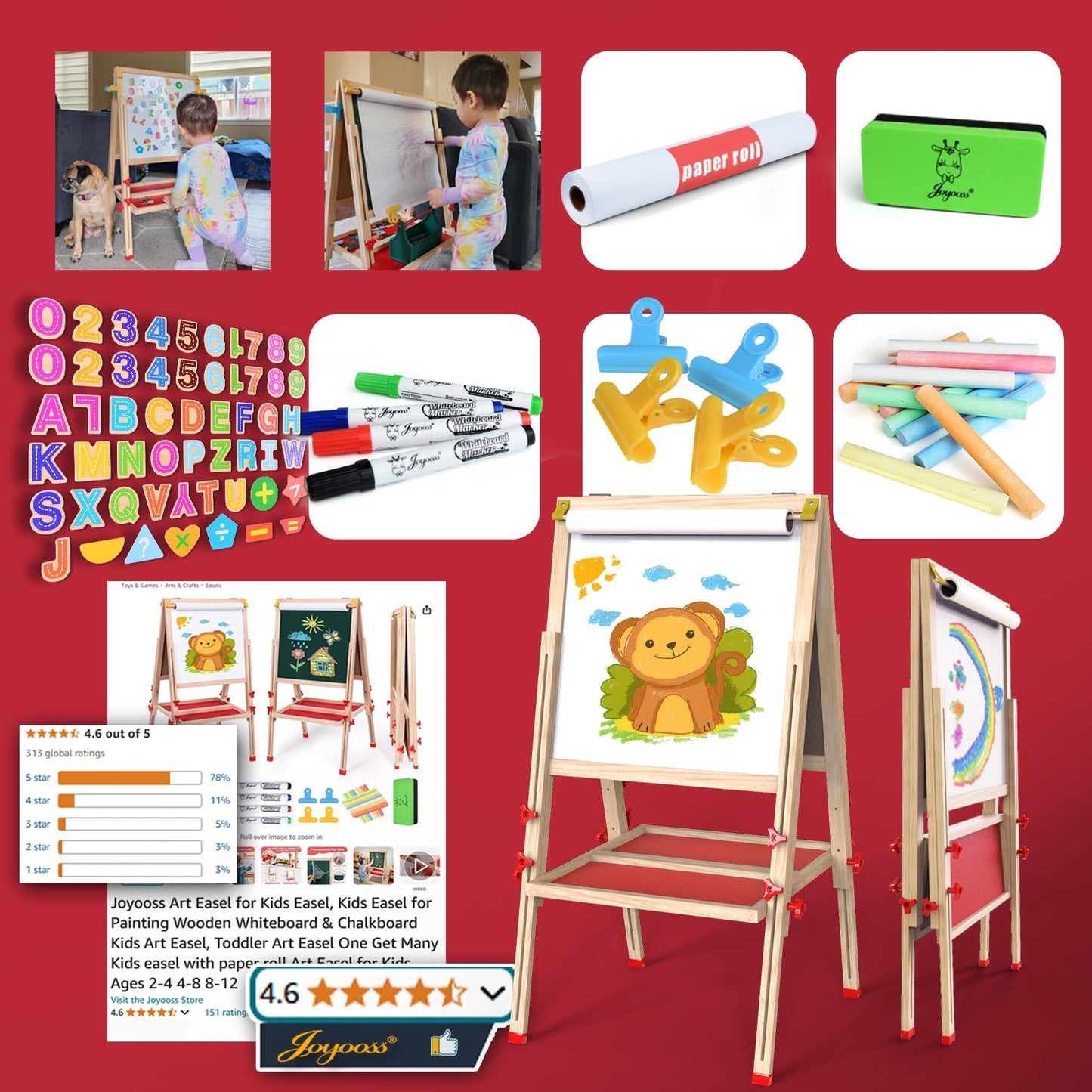 Joyooss Art Easel for Kids Easel, Foldable Toddler Easel for Painting Double Sided Whiteboard & Chalkboard, Standing Drawing Board with Paper Roll Children Easel for Kids Ages 2-4 4-8 8-12