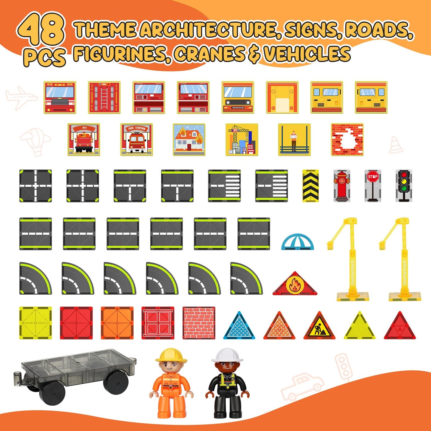 Magnetic Tiles Road Set with Fire Trucks & 2 Dolls, Double-Sided Magnet Tiles with 2 Cranes, Toys for Boys Ages 3-5 5-7, STEM Learning Construction Toys Include Car, Stations, Signs, Gifts for Kids 3+