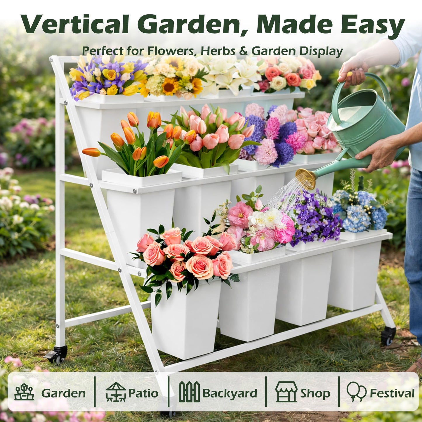 PROLEE Flower Display Stand with 12 Buckets, Flower Cart 3 Layers, Flower Stand Metal with Wheels, Moving Florist Bouquet Shelf, Triangular Rack, White