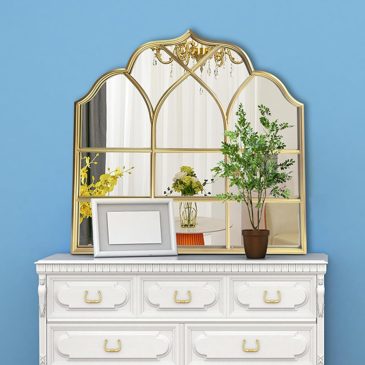 Window Mirror Pane Scalloped, Wide Arched Gold Mirrors Decorative, Cathedral Arch Wall Decor with Metal Windowpane Grid for Mantle Entryway Fireplace Hallway Living Room