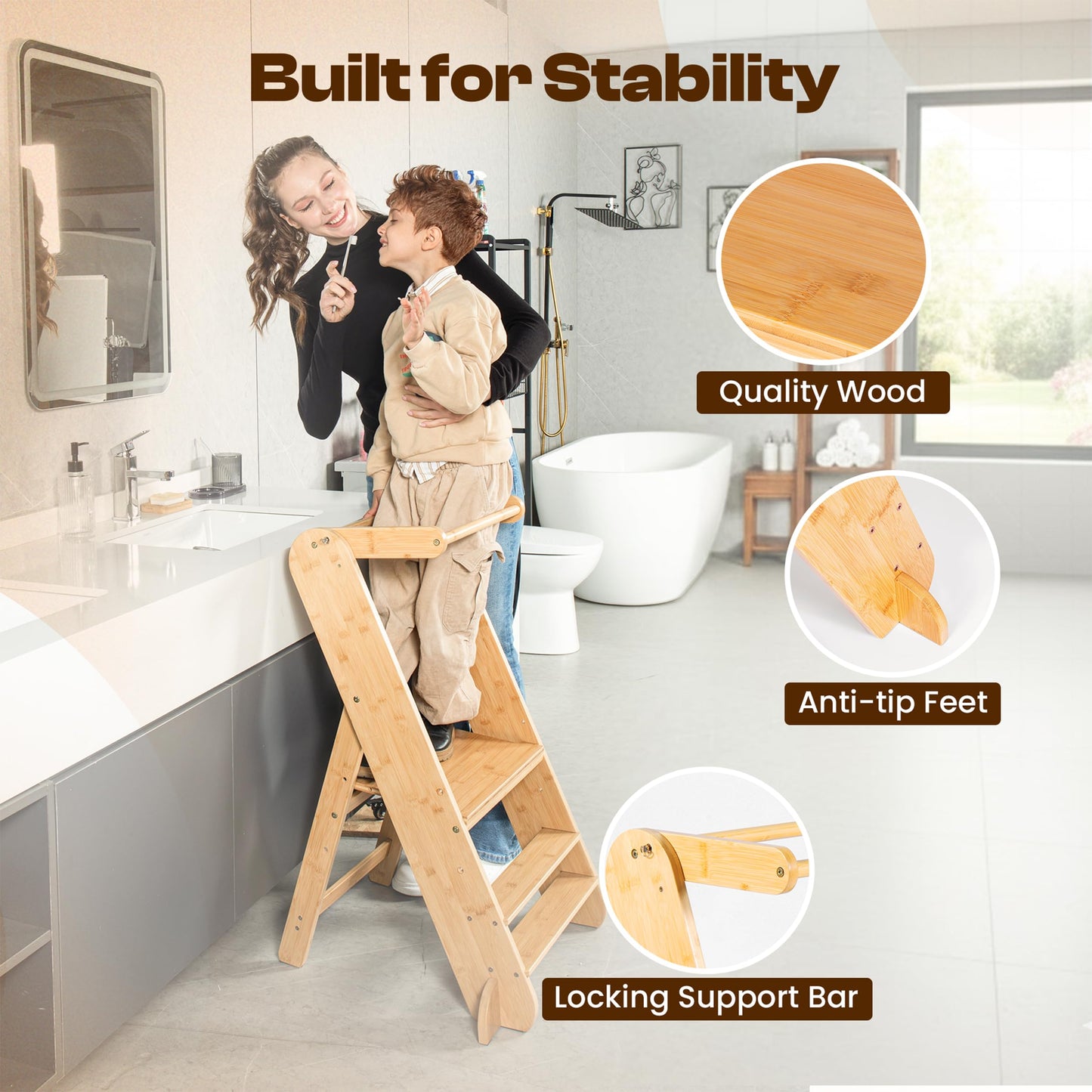 Adjustable Folding Toddler Tower, 3 Level Height Adjustable, Montessori Learning Stool, Kids Standing Tower for Kitchen and Bathroom.