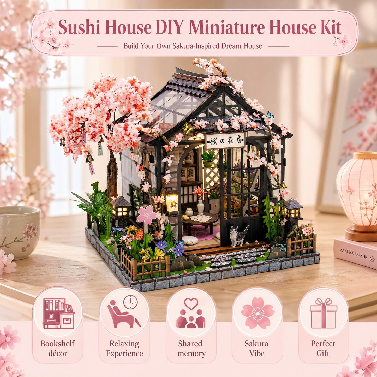 Soothee DIY Miniature House Kit, DIY Book Nook with LED Light | 3D Puzzles for Adults and Teens, Building Kits for Bookshelf Decor, Creative Gift for Craft Lovers | Sakura Greenhouse