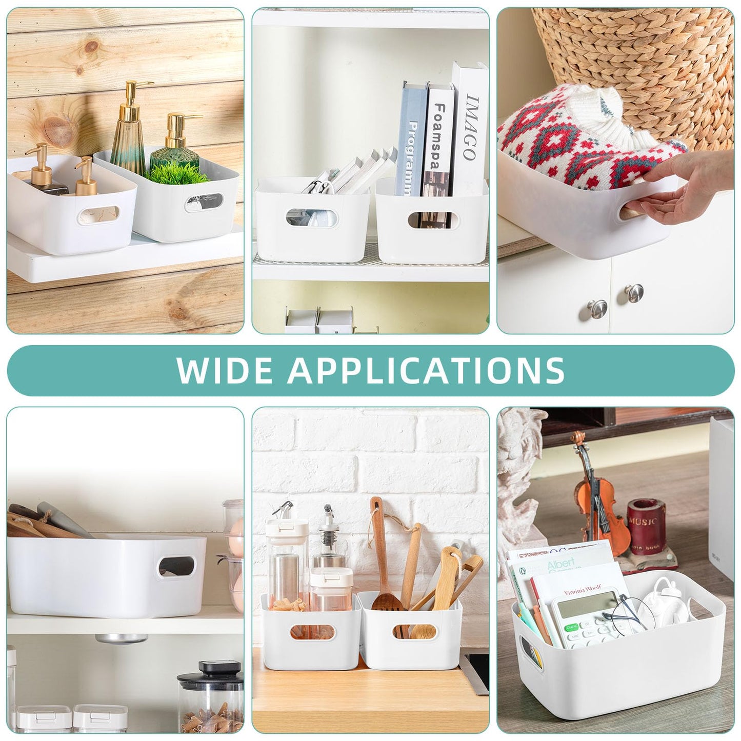 Geetery 12 Pieces Plastic Storage Bins Basket with Handles Toy Organizers and Storage Bins for Home Cupboard Kitchen Bathroom Office Pantry Organization (9.6 X 6.3 X 3.9 Inch,White)