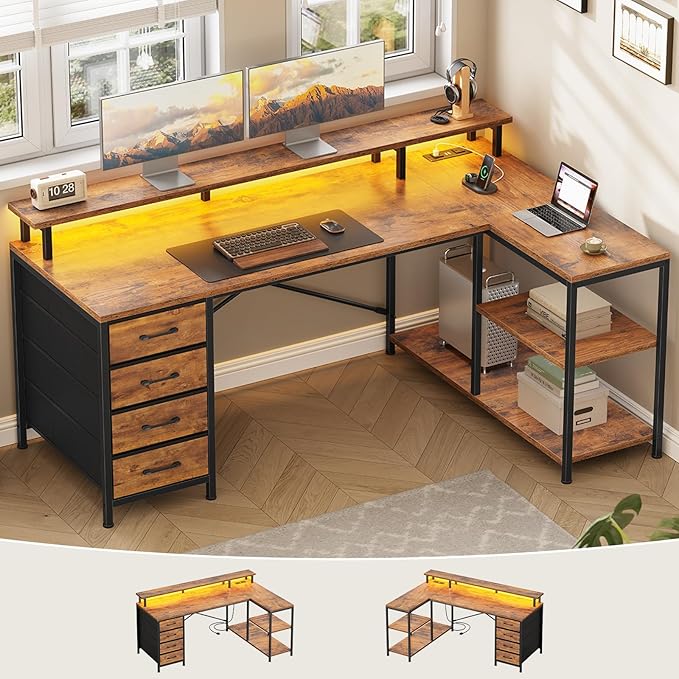 SEDETA L Shaped Desk with 4 Drawers and Storage Shelves, L Shaped Gaming Desk with LED Lights & Power Outlets, Computer Desk with Shelves & Drawer, Corner Desk Home Office Desk, Rustic Brown