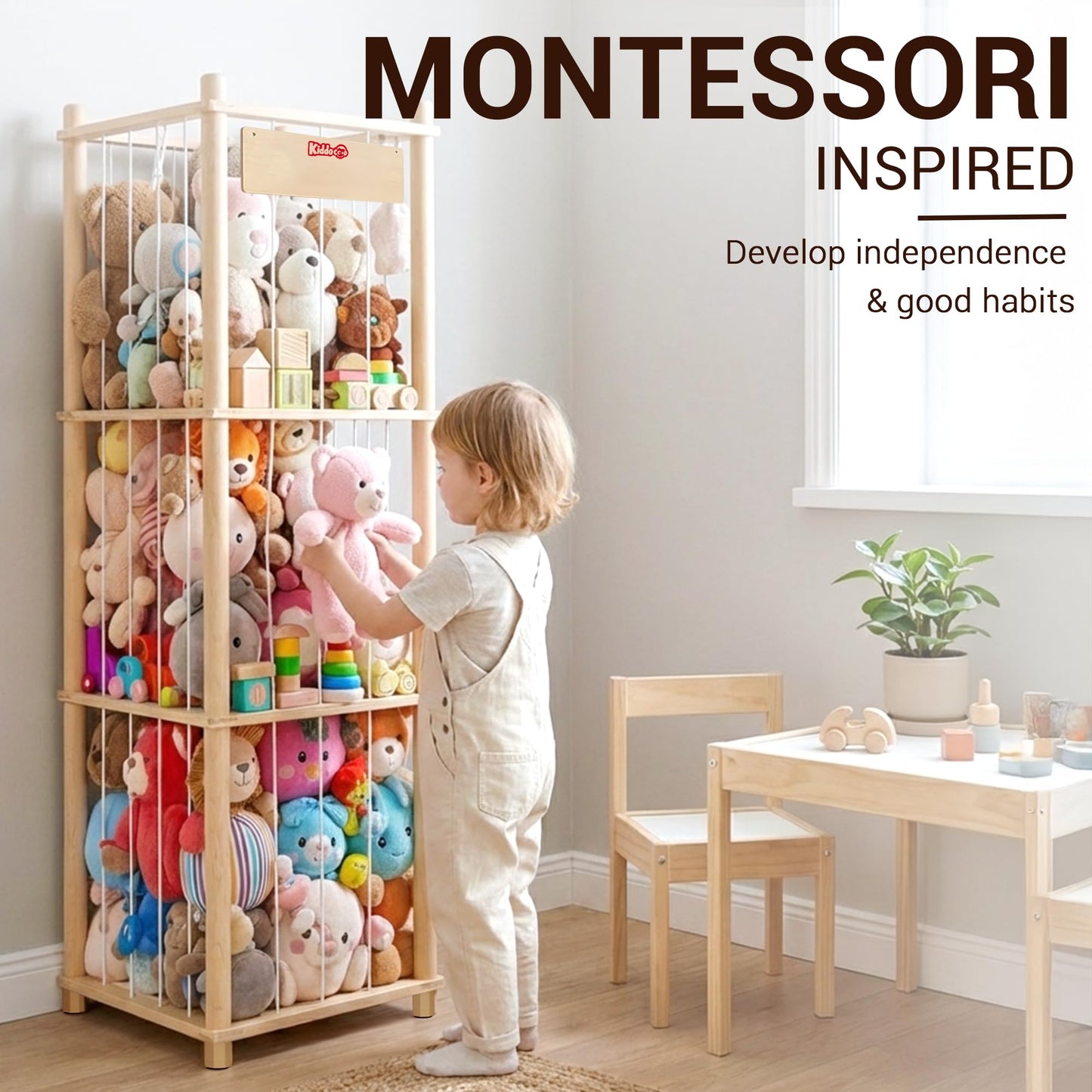KiddoCood Kids CPC & TIC Certified Stuffed Animal Storage - 3-Tier Natural Solid Wood Plush Toy Organizer & Holder, Corner Solution for Playroom & Nursery, BPA-Free & Zero Glue