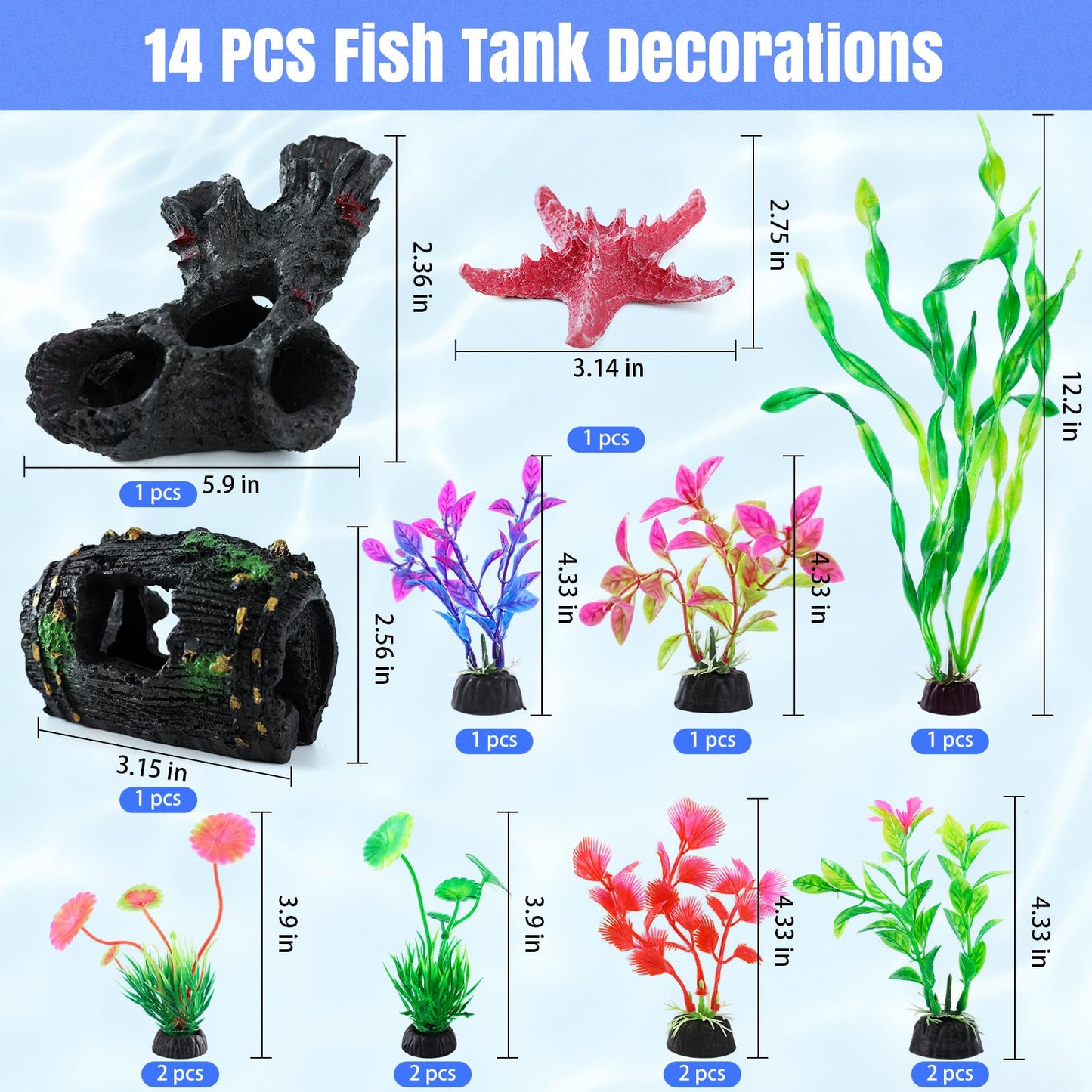 TOKCAM 14pcs Fish Tank Decorations Set, Aquarium Decor Driftwood, Resin Fish Broken Barrel and Artificial Plastic Plants, Fish Bowl Ornaments Betta Tank Hideout Accessories