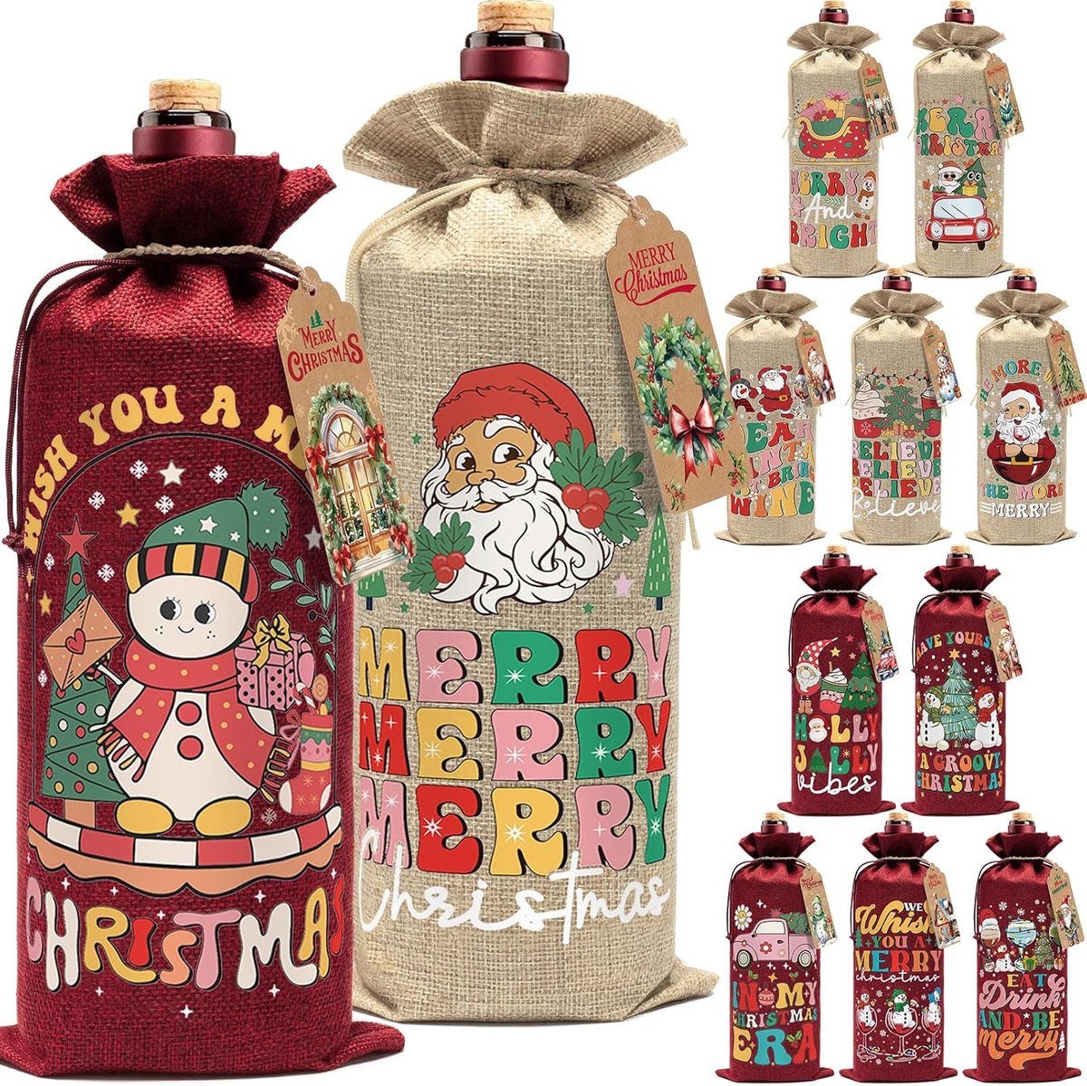 Aoonby 12PCS Burlap Wine Bags Christmas Wines Gift Bag, Drawstring Retro Christmas Bottle Cover Gift Bag w/Tag, Reusable Wines Bags for Bottles Gifts Wine Bottle Covers for Xmas Holiday Party Decor