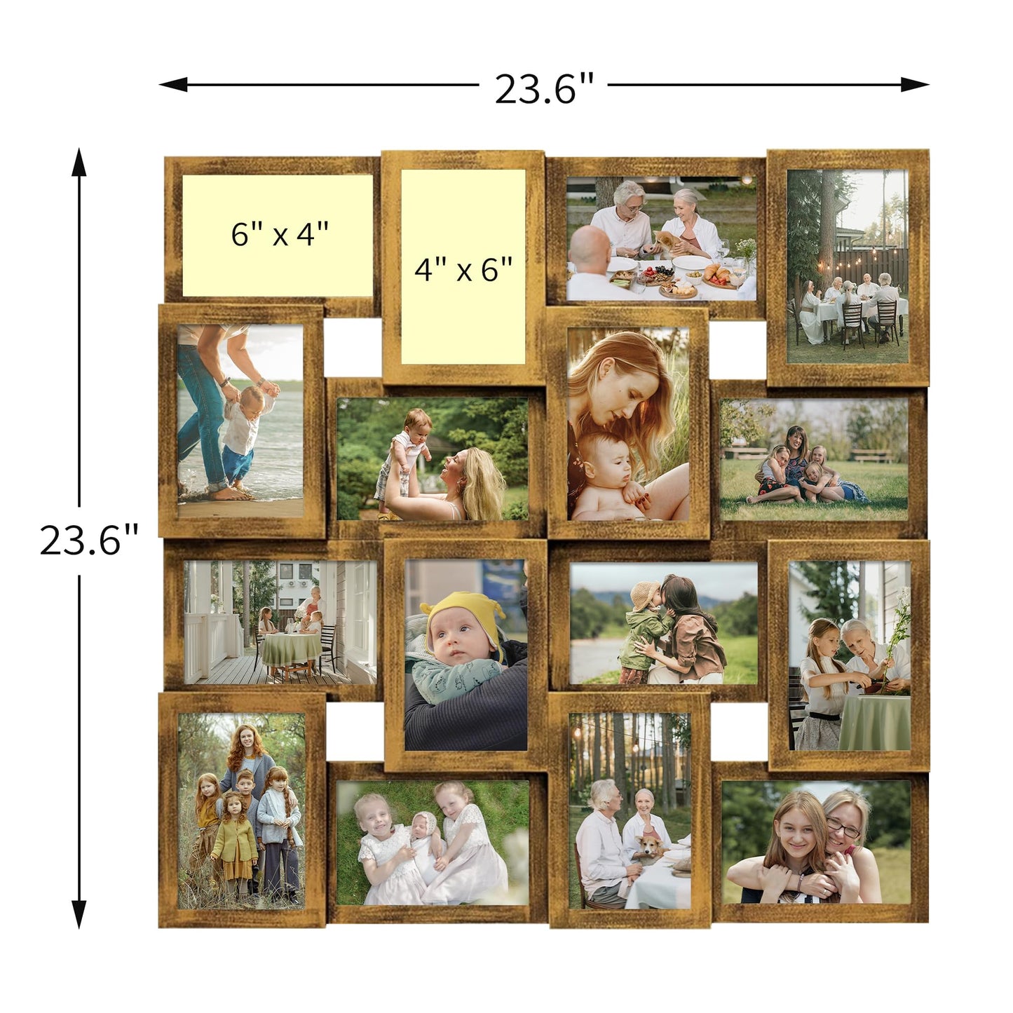 J.M.Deco Collage Picture Frames for Wall 16 Opening, Large Photo Frame Collage Wall Hanging for 4x6 Photo, Reunion Friends Family Memory, Christmas Gift - Retro Gold