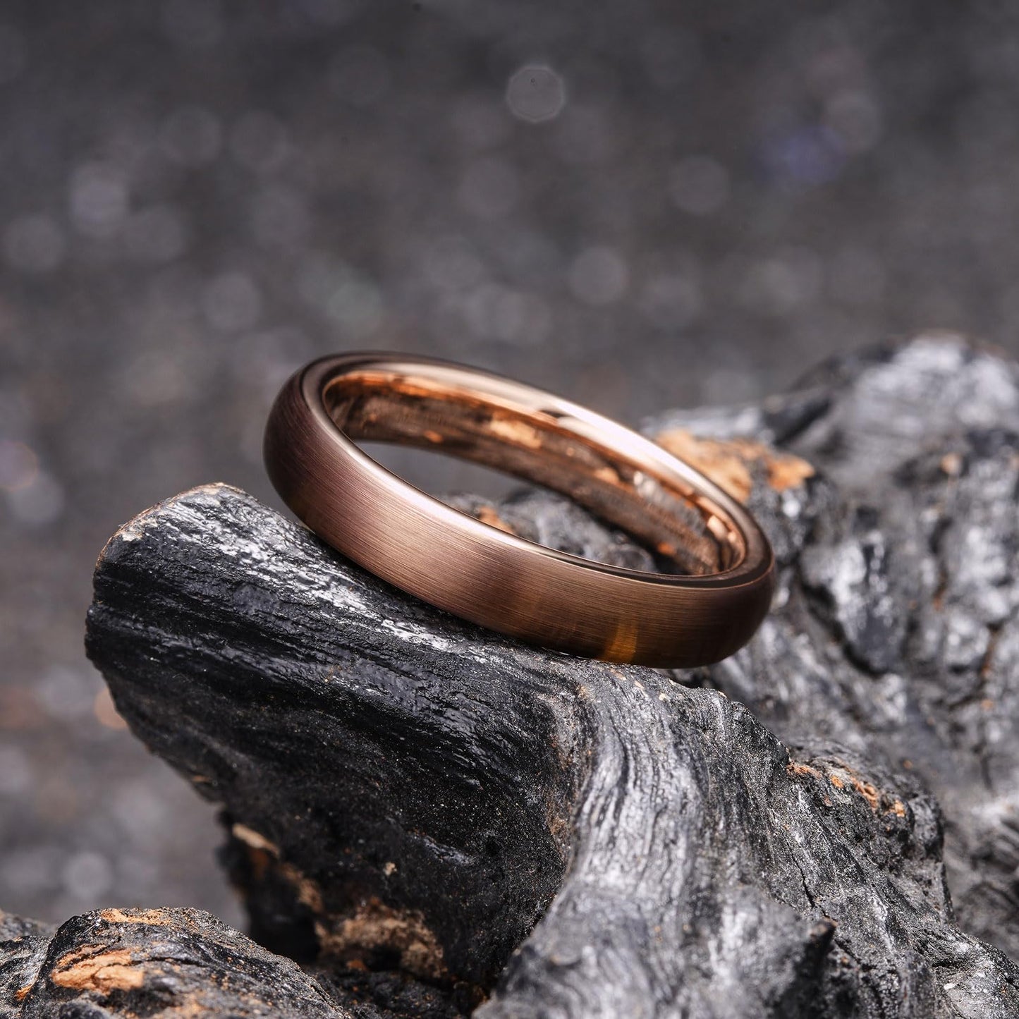 King Will 4mm Brown & Rose Gold Plated Wedding Band for Women Men, Domed Brushed Two Tone Tungsten Carbide Rings for Men, Comfort Fit, Durable, Size 10.5