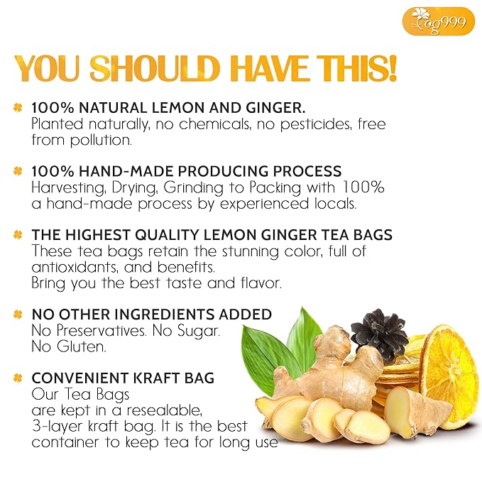 TOG999, Premium Lemon Ginger Tea Bags | 120 Tea Bags | Refreshing Herbal Blend with Bright Citrus & Warming Ginger | Naturally Caffeine-Free | 100% Plant-Based, Sustainably Sourced Herbal Tea