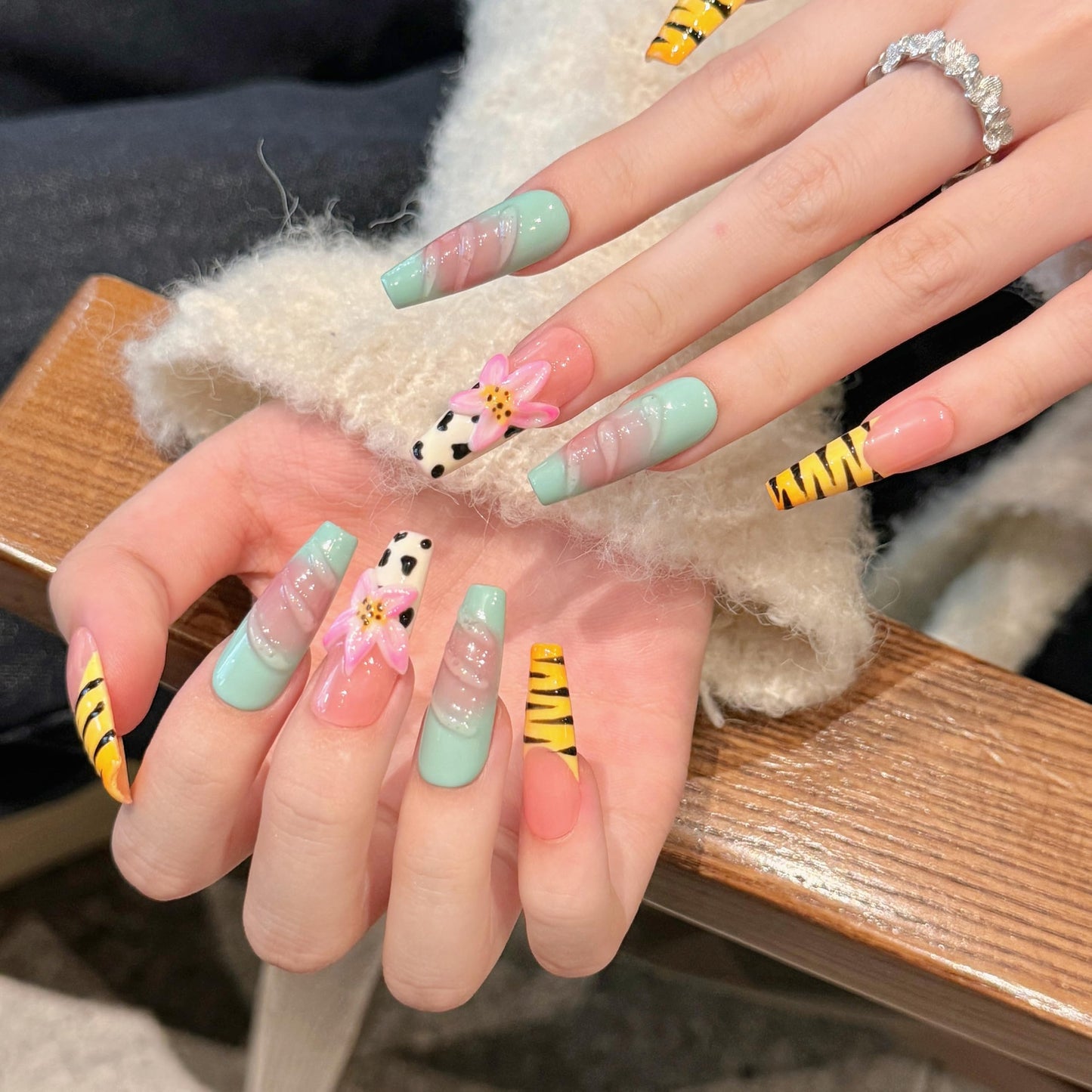 Press on Nails Long Square - 3D Design Lotus Flowers & Zebra French Tip, with Animal Print and Glossy Finish (M)