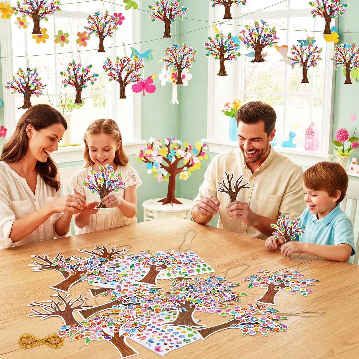 Watersay 48 Sets Spring Tree Craft Kits for Kids Bird Butterfly DIY Tree Spring Art Craft Ornaments for Preschool Home Easter Party Art Activities Decoration