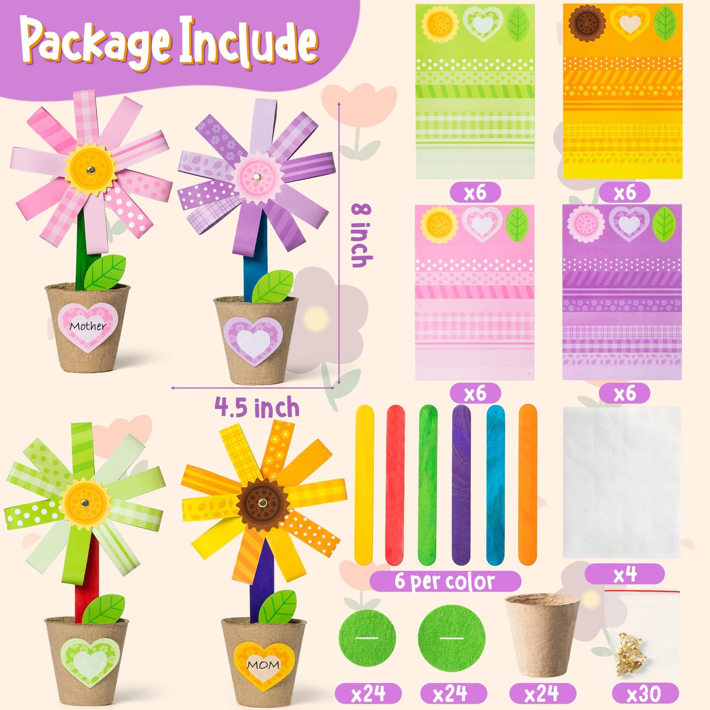 WATINC Foldable Flower Paper Pot Craft Kits - Make Your Mother's Day Standing Flowers Gift Crafts Decorations, Fun Spring DIY Decor Home School Classroom Art Activities for Mom (24Pcs)