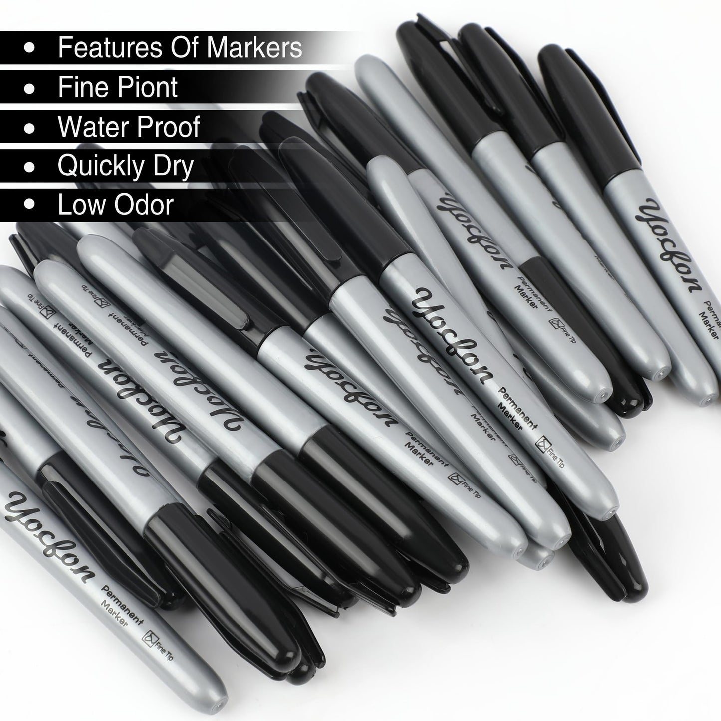 Yocfon Permanent Markers Bulk, 144 Count Black Permanent Markers Set, Fine Tip, Waterproof Markers, Works On Plastic, Wood, Stone And Metal For Doodling, Marking