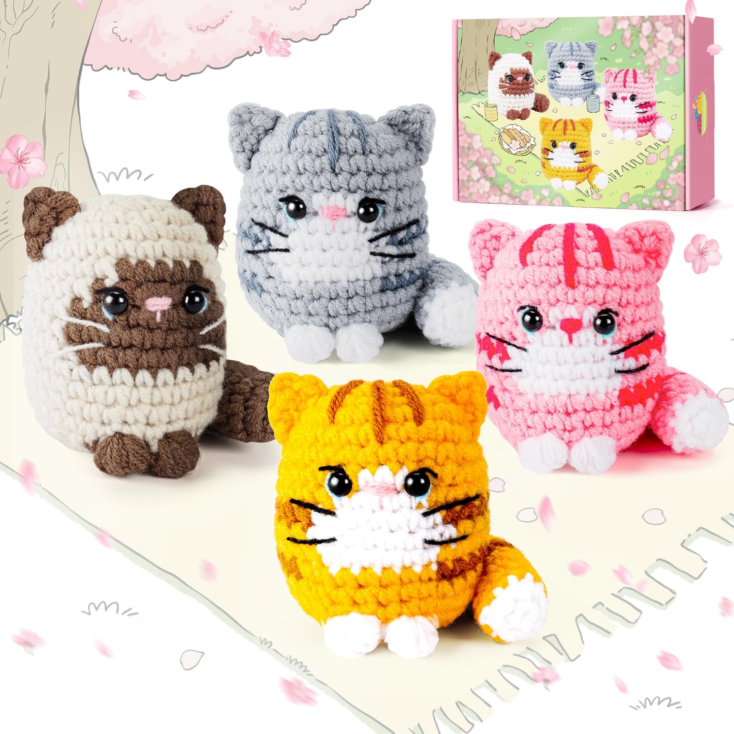 Crochet Kit for Beginners -4 PCS Cat Crochet Kit with Step-by-Step Video Tutorials, Learn to Crochet Kits for Adults, Beginner Crochet Kits for Adults, Animals Cat Crafts Knitting Kit Galentines Gifts
