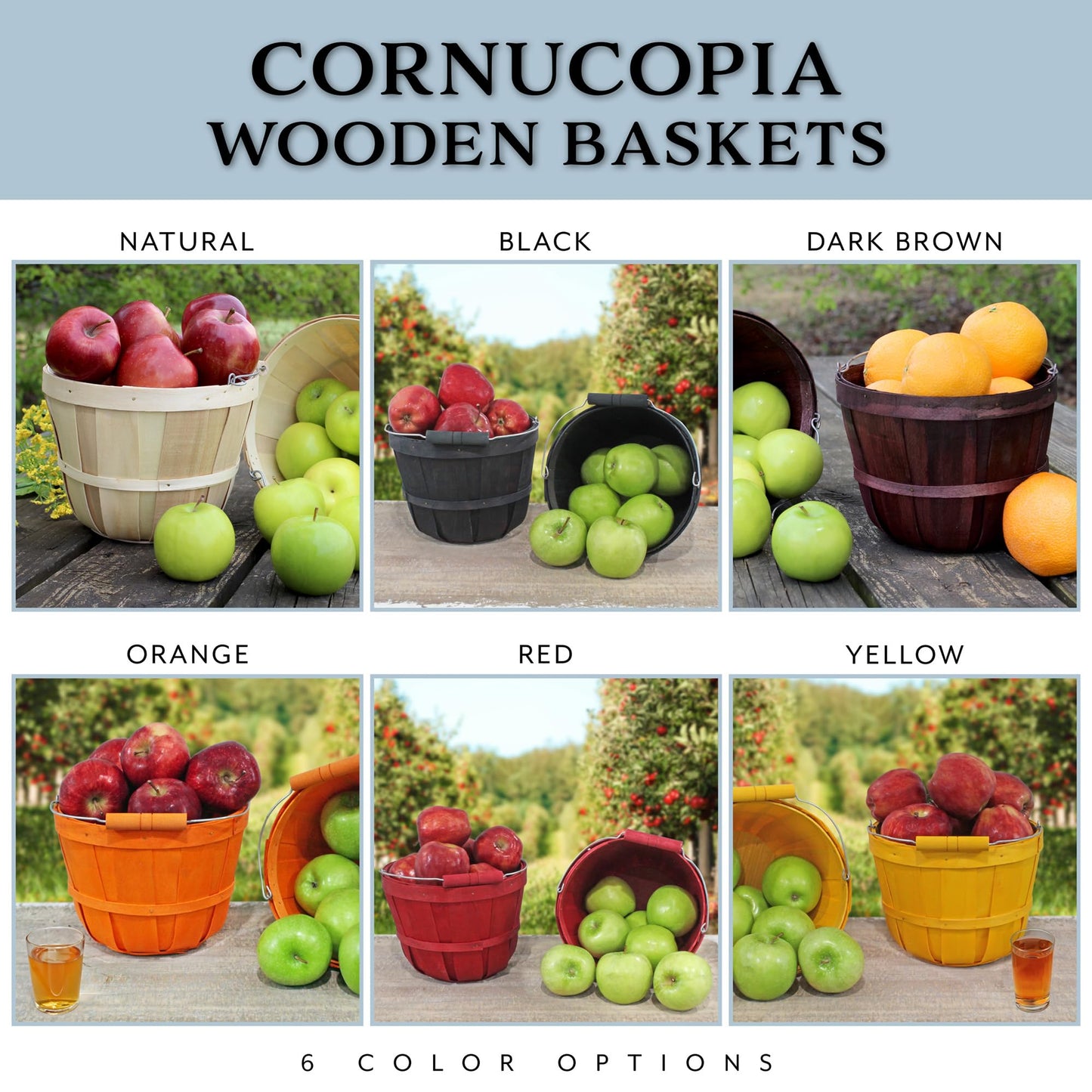 Cornucopia Brands Round Wooden Baskets (2-Pack, Dark Brown); Wood Fruit Buckets w/Handle, Gallon Capacity