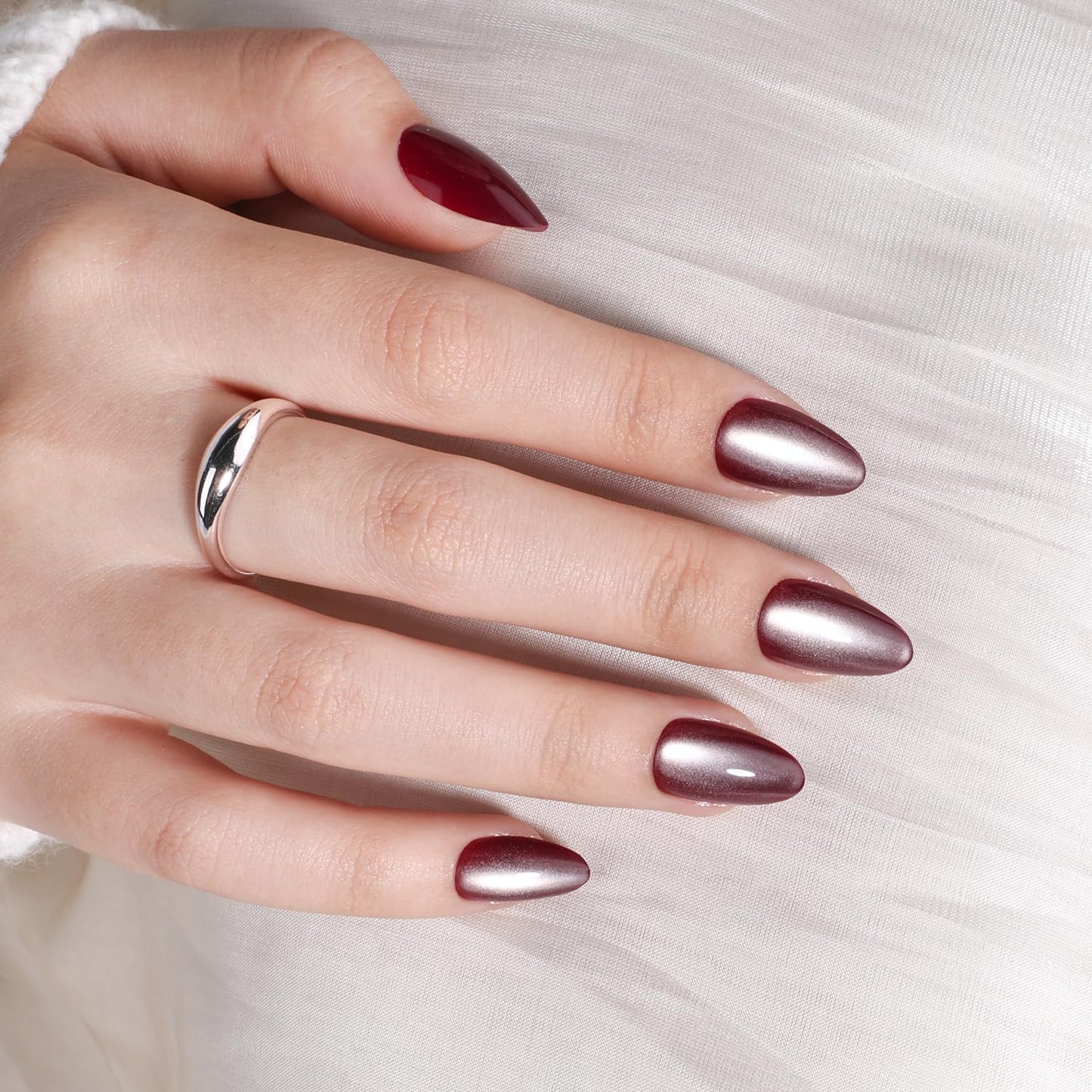 Leefrei Cat Eye Press On Nails - Glazed Ruby Red Press On Nails Short Almond Nails Press Ons for Women Fake Nails with Glue, Glossy Reusable Glue on Nail in 16 Sizes - 32pcs, Ruby Moon