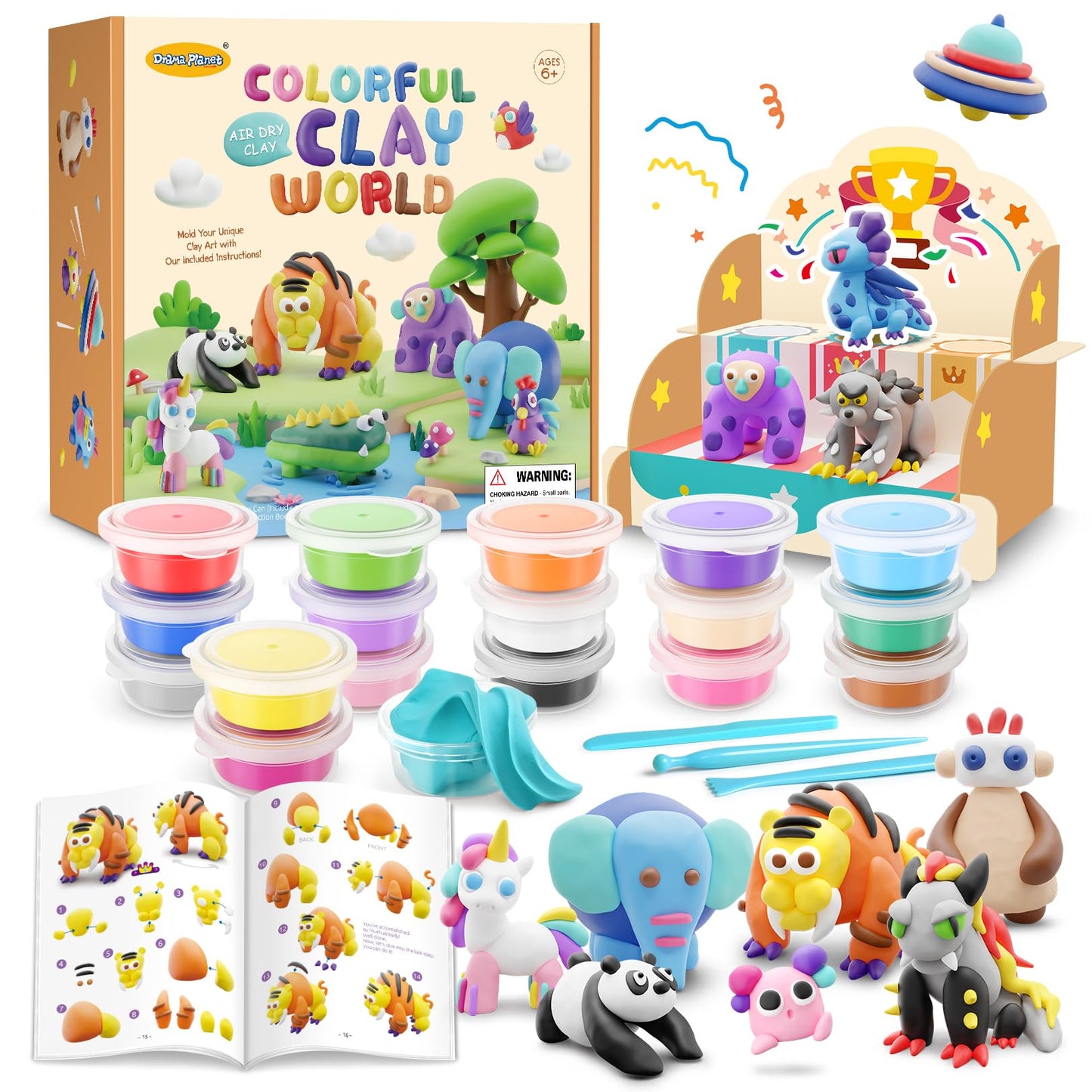 Drama Planet Air Dry Clay Kit for Kids - Comes with Instructional Guide Featuring 4 Scenes & 26 Projects Tutorials, 18 Cans of Modeling Clay, Includes Display Stand, Gift for Girls and Boys